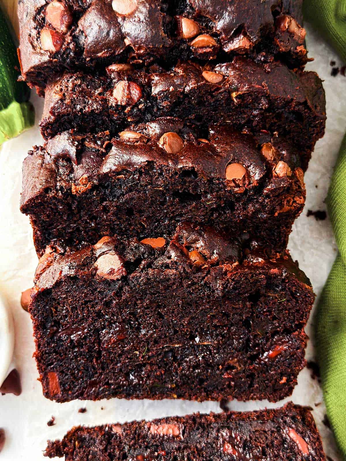 overhead view of sliced chocolate zucchini bread