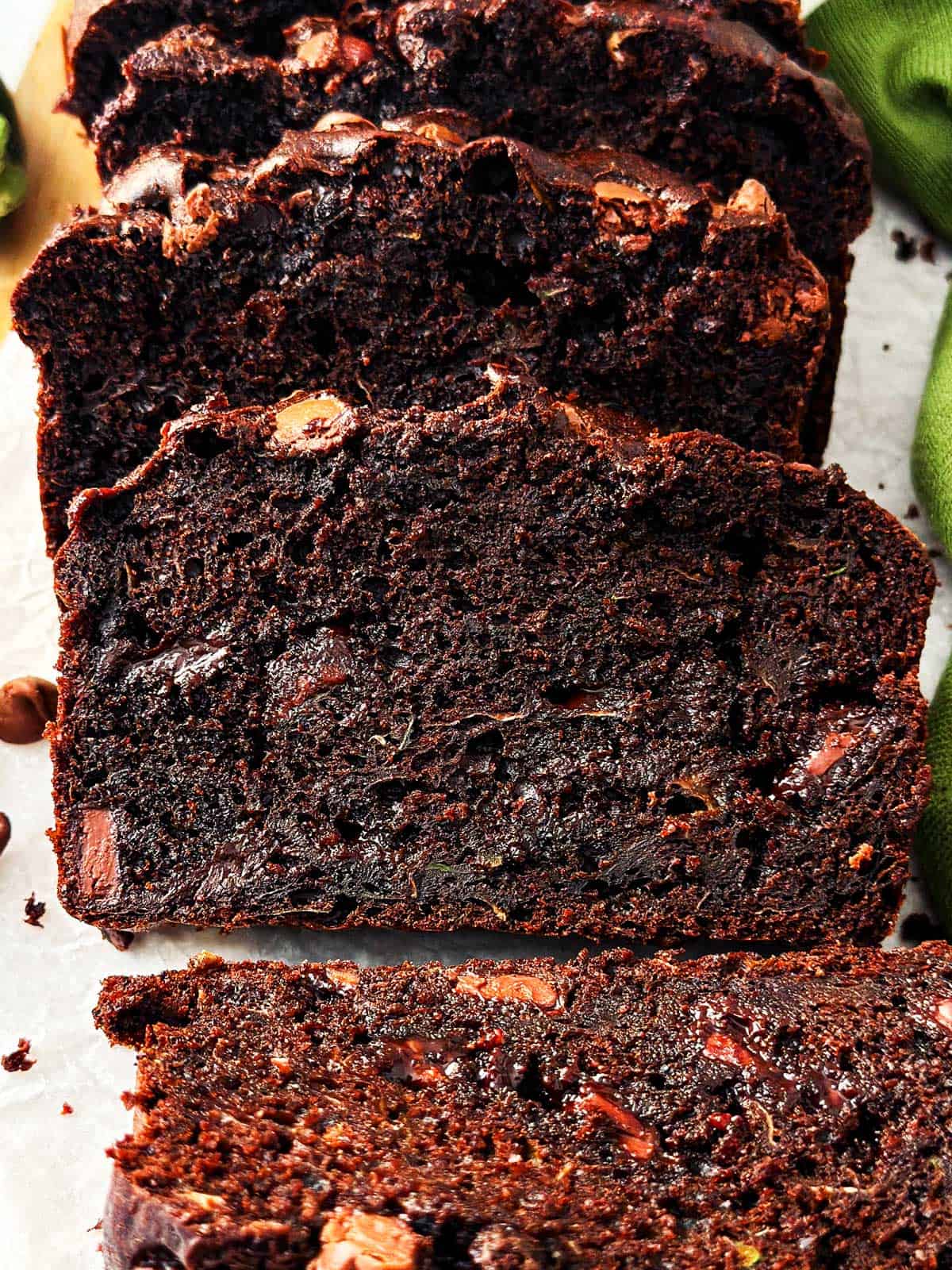 close up view of chocolate zucchini bread slices