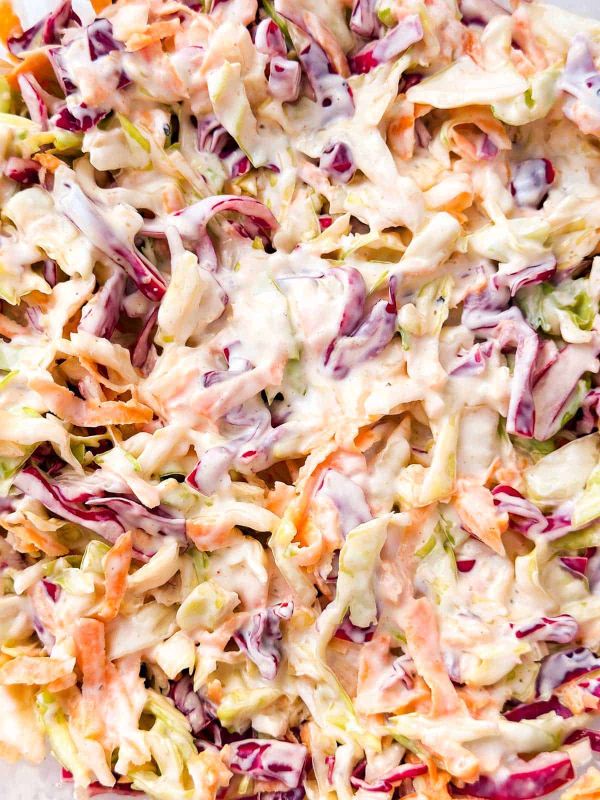 overhead close up of creamy coleslaw