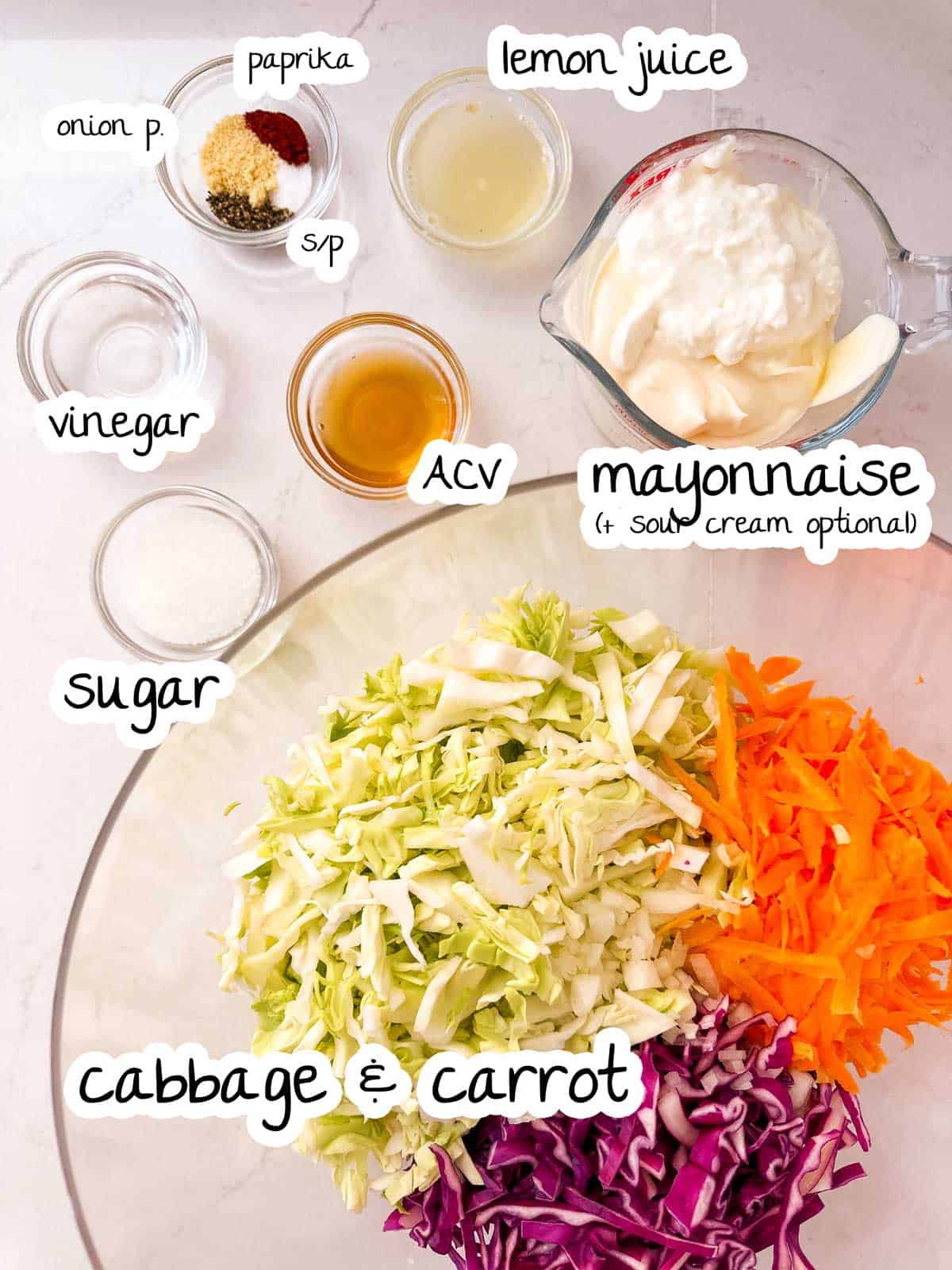 ingredients for coleslaw with text labels