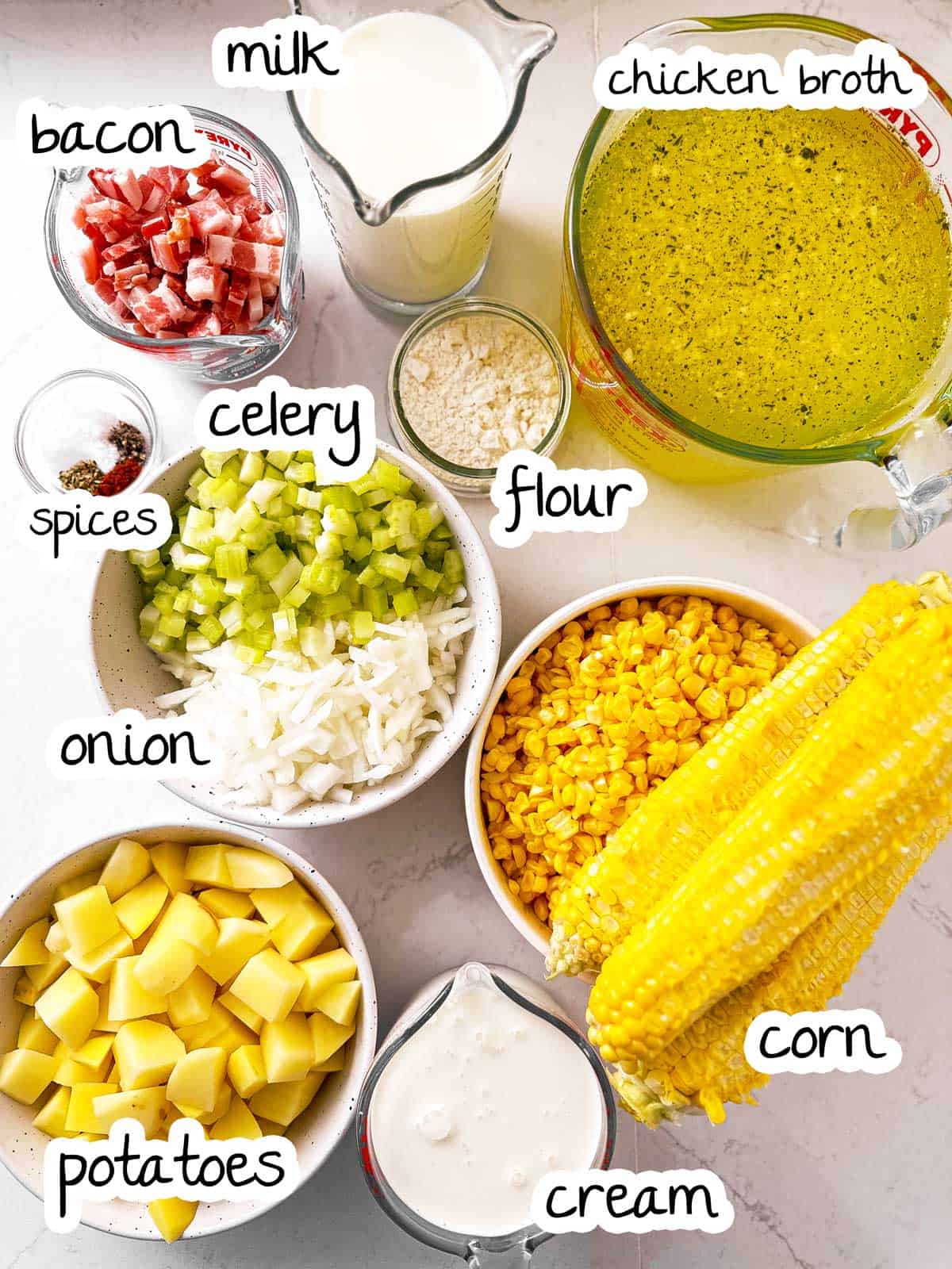 overhead view of corn chowder ingredients with text labels