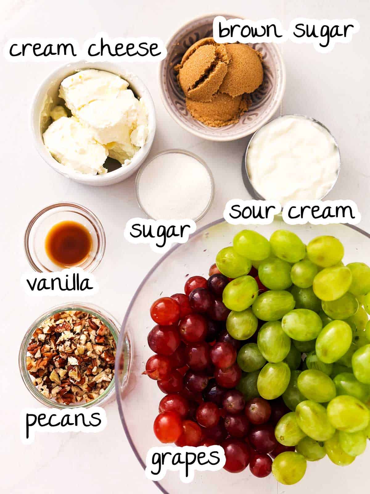 ingredients for grape salad with text labels