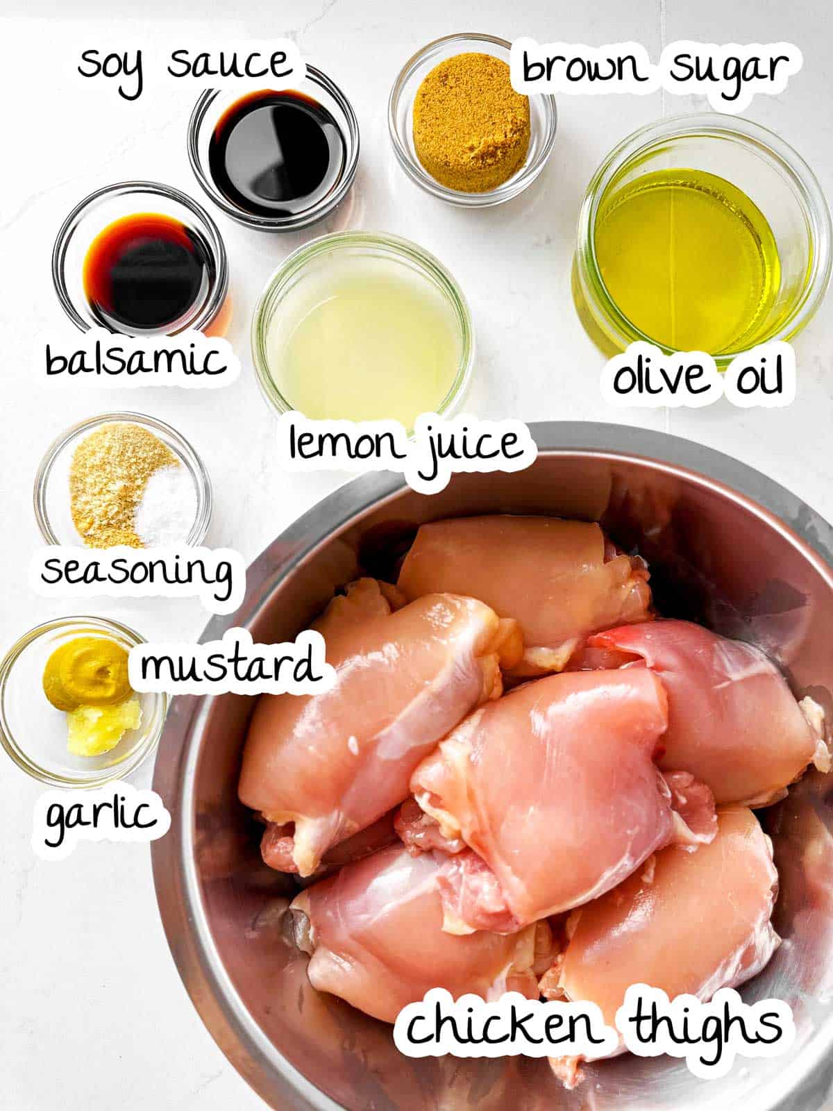 overhead view of ingredients for grilled chicken thighs with text labels