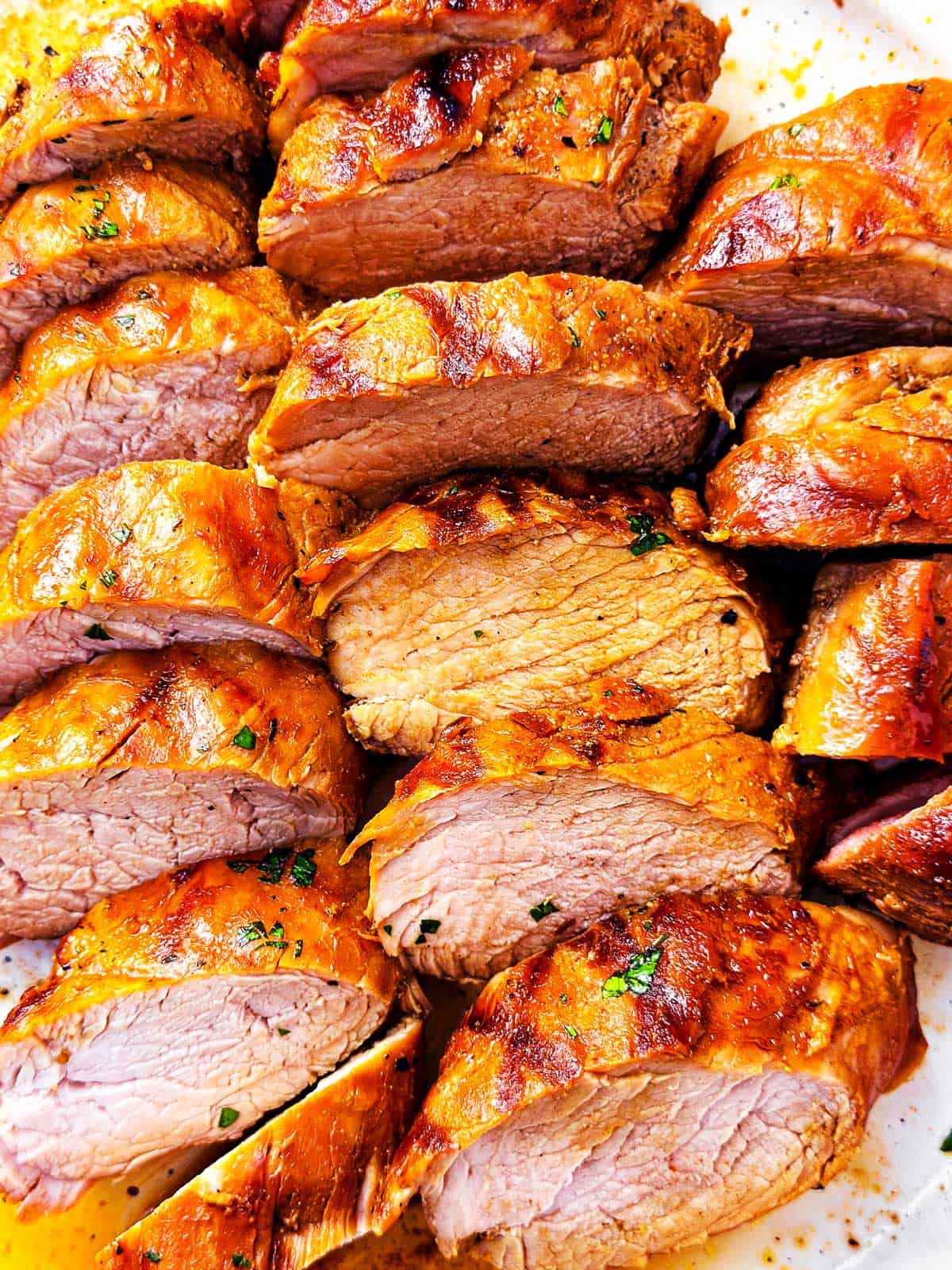 overhead view of sliced pork tenderloin