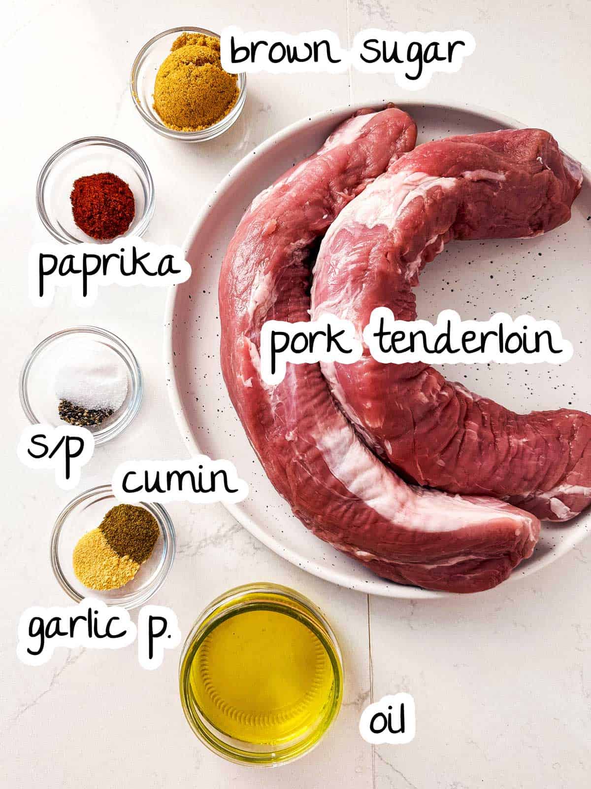 ingredients for grilled pork tenderloin with text labels