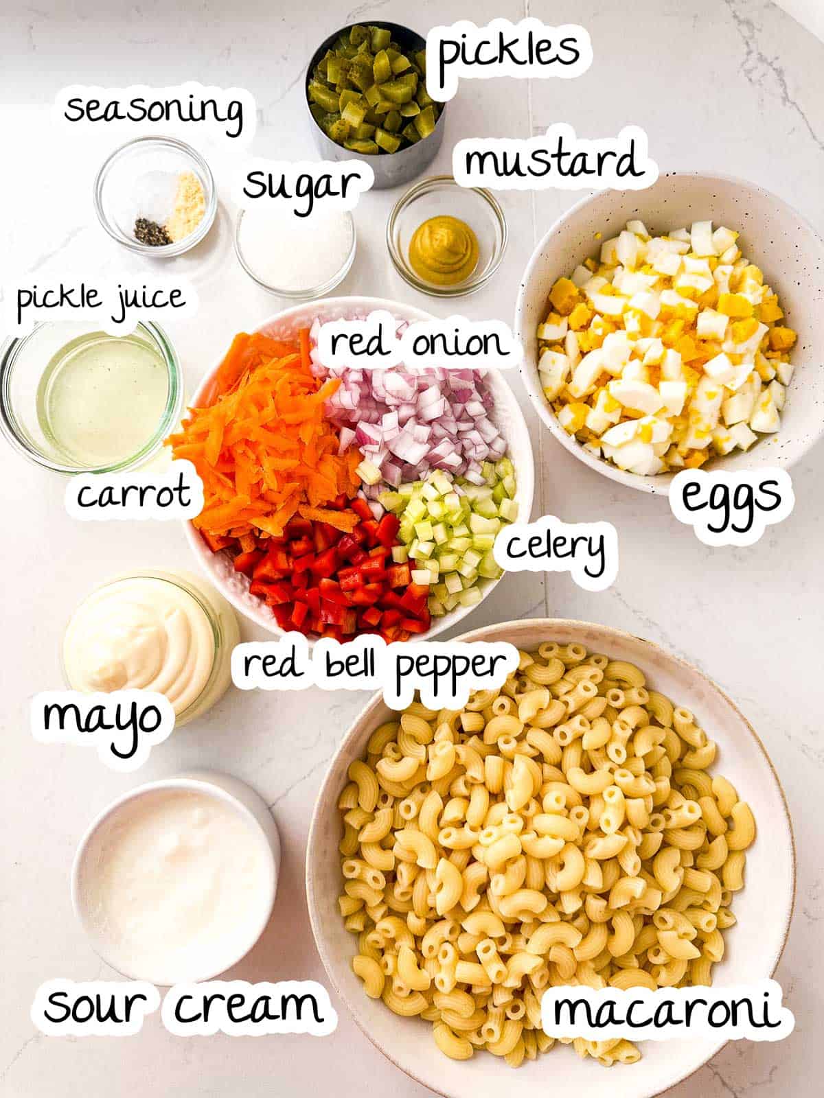 overhead view of ingredients for classic macaroni salad with text labels