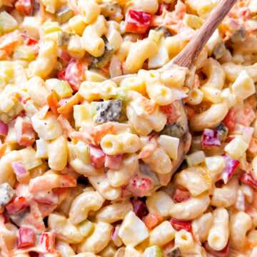 overhead close up photos of wooden spoon scooping up macaroni salad
