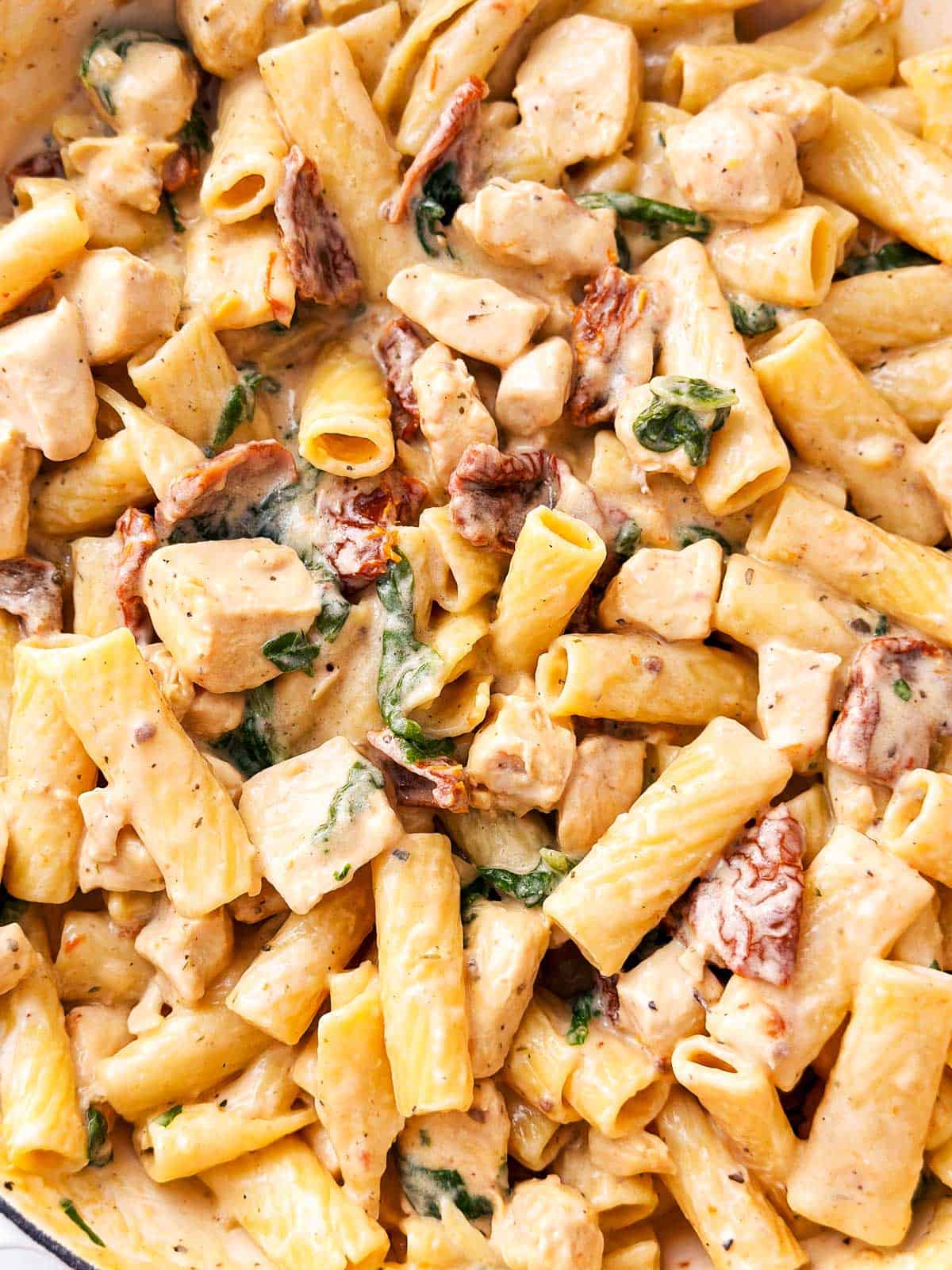 overhead close up view of tuscan chicken pasta
