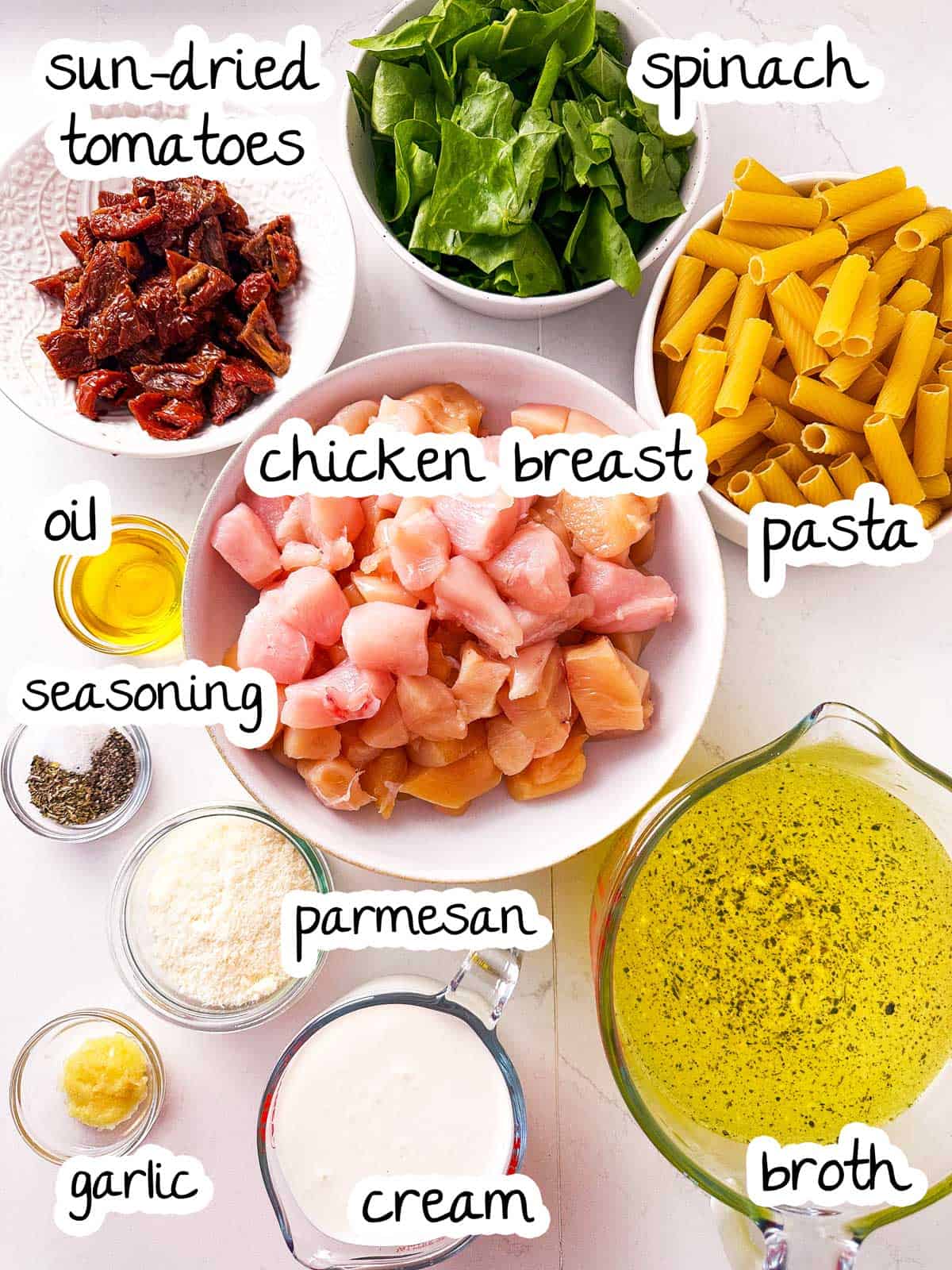 overhead view of ingredients for tuscan chicken pasta with text labels