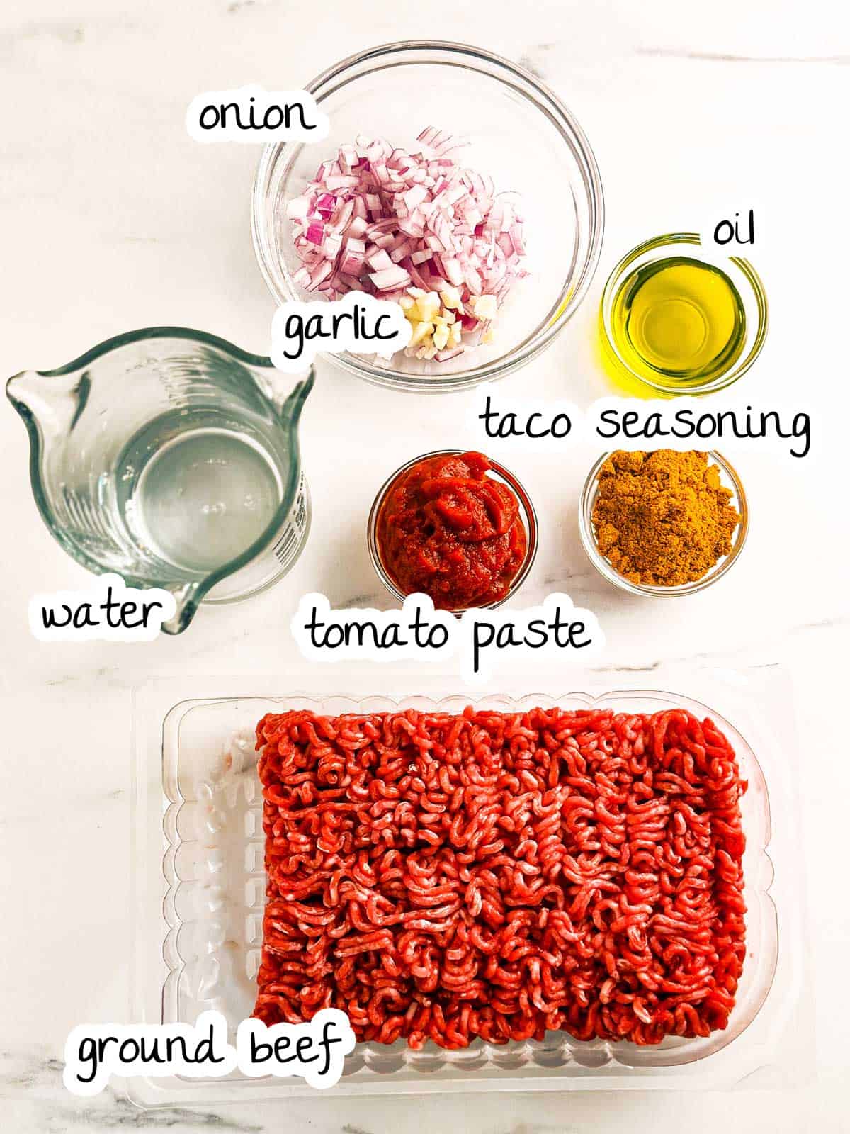 overhead view of ingredients to make ground beef tacos with text labels