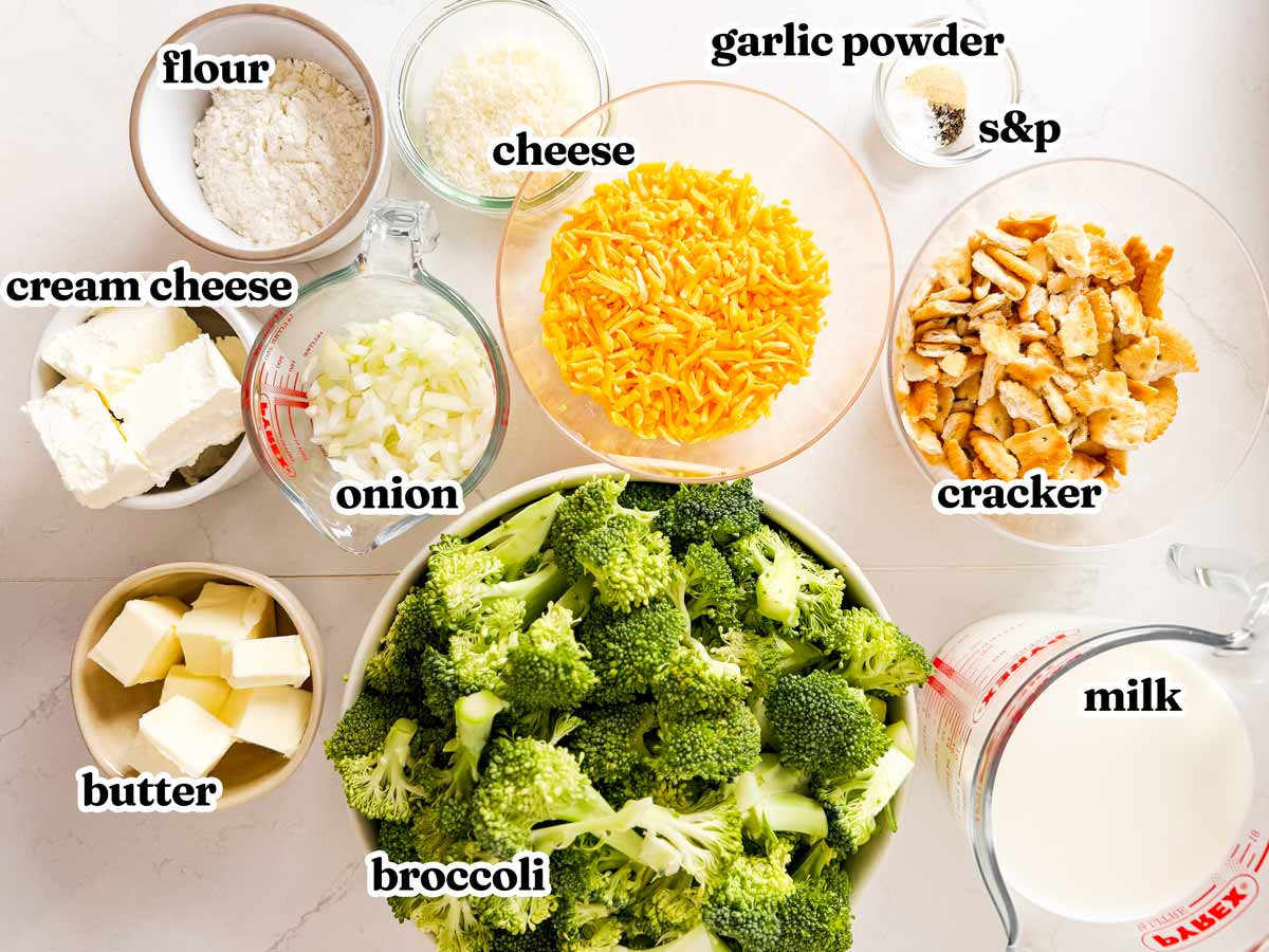 ingredients for broccoli casserole with text labels