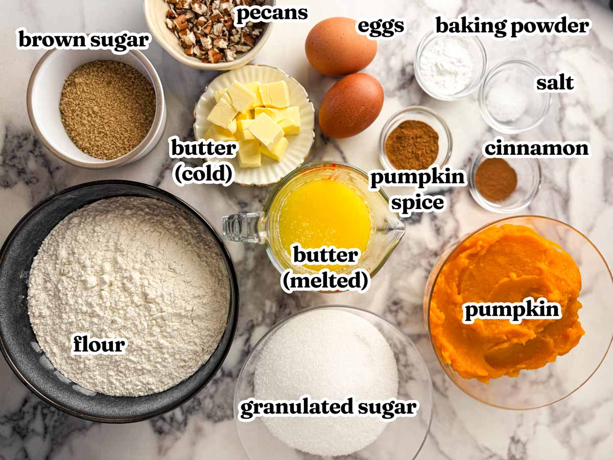 ingredients for pumpkin bread with text labels