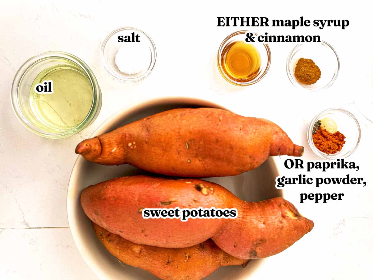 overhead view of ingredients to make roasted sweet potatoes with text labels