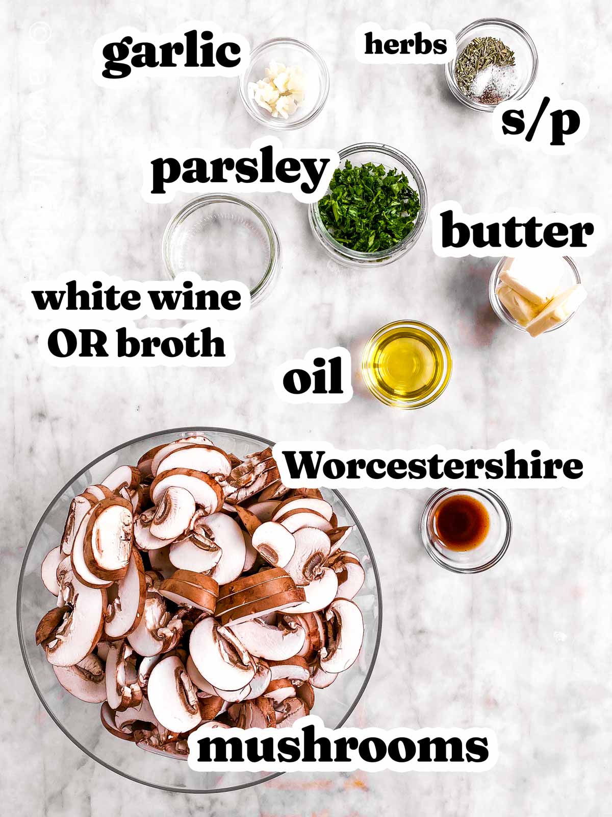 overhead view of ingredients to make sautéed mushrooms with text labels