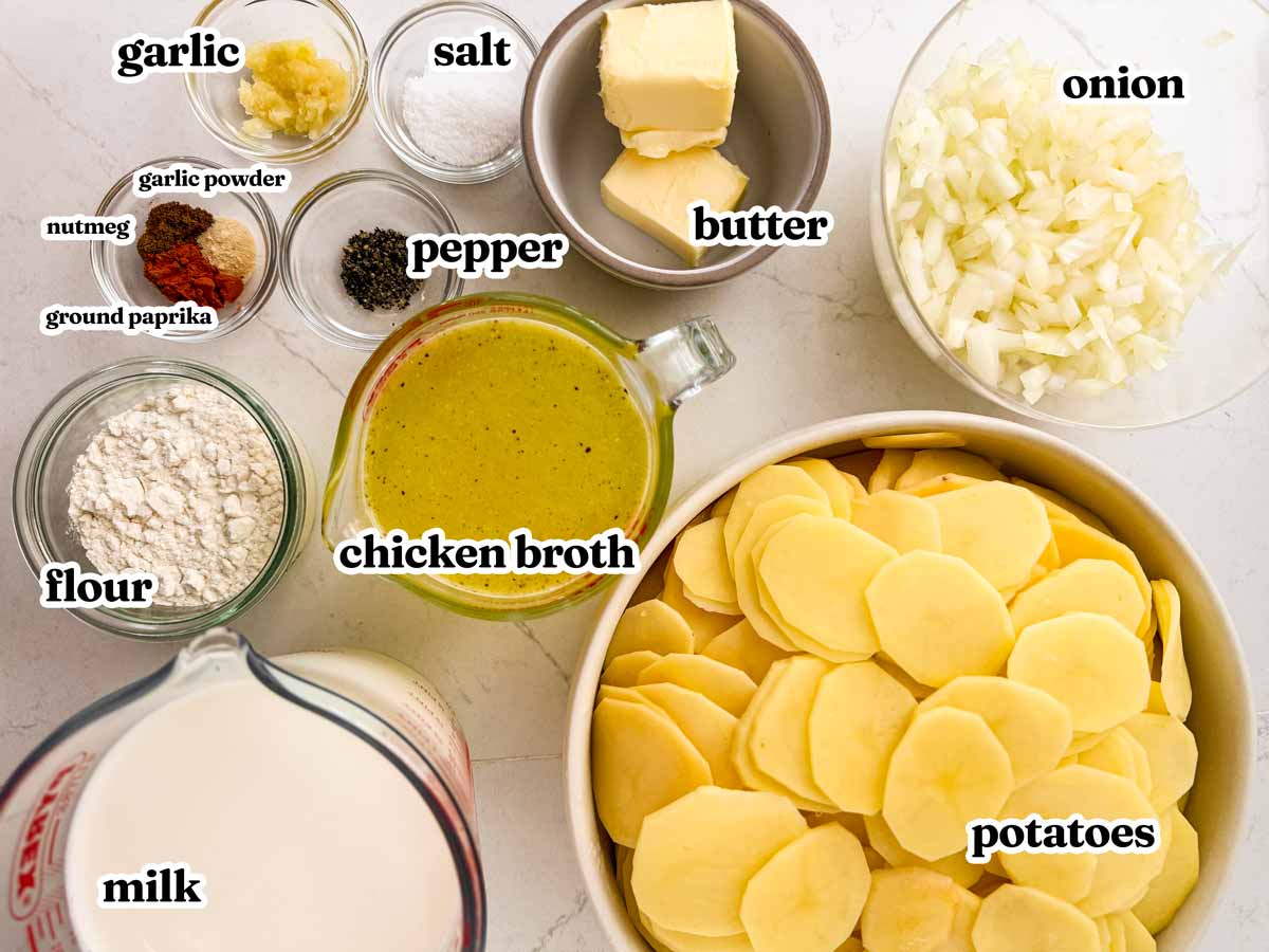 ingredients for scalloped potatoes with text labels