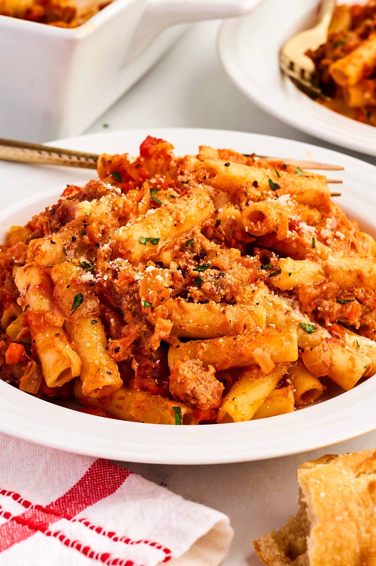 frontal view of baked ziti on plate