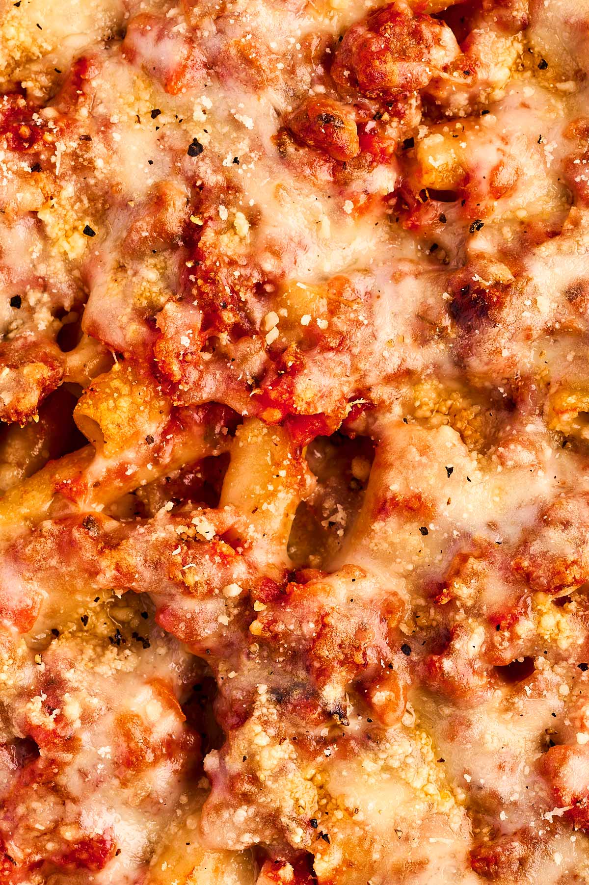 overhead close up view of baked ziti