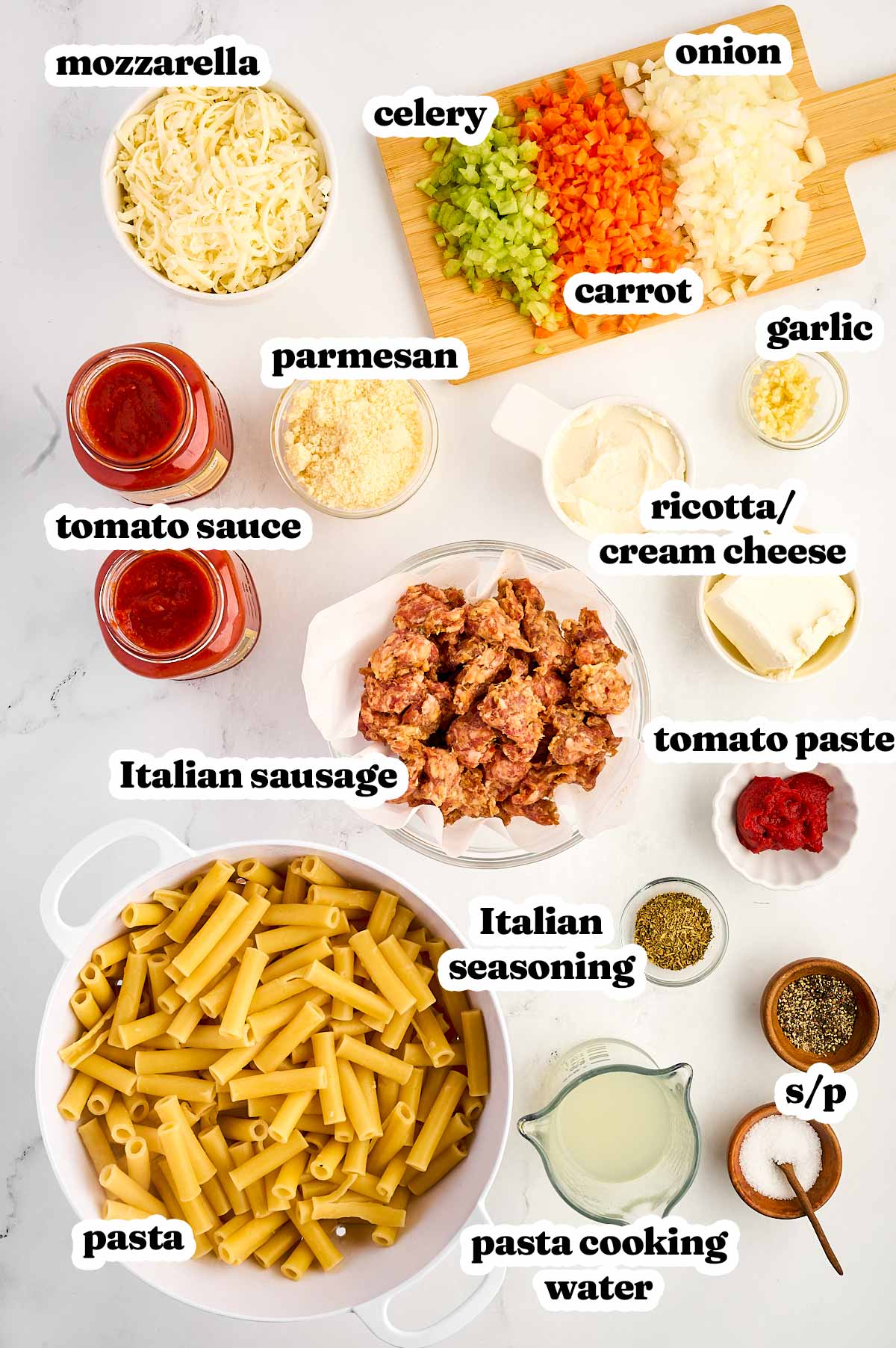 overhead view of ingredients to make baked ziti with text labels