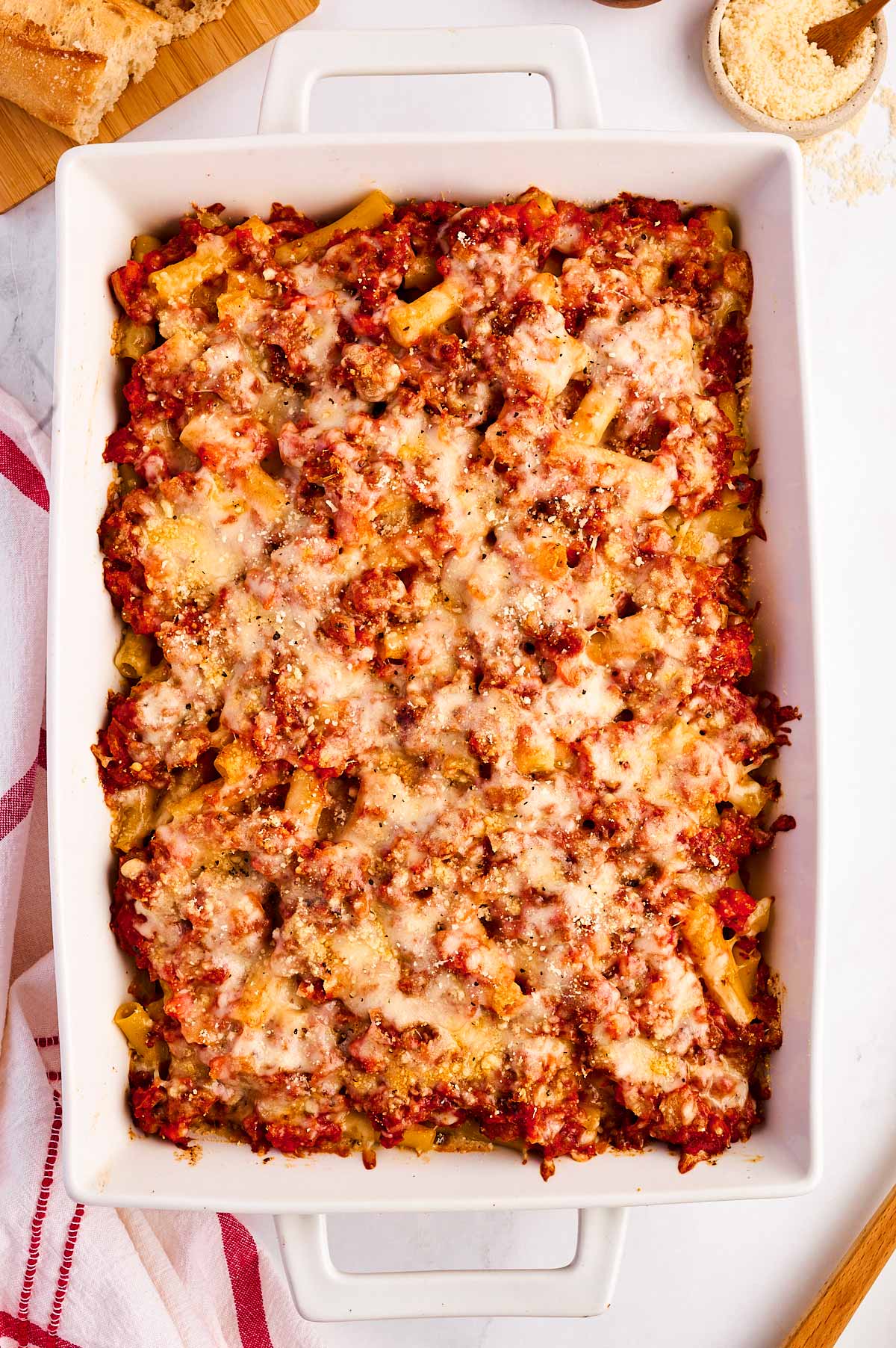 overhead view of baked ziti in white casserole dish