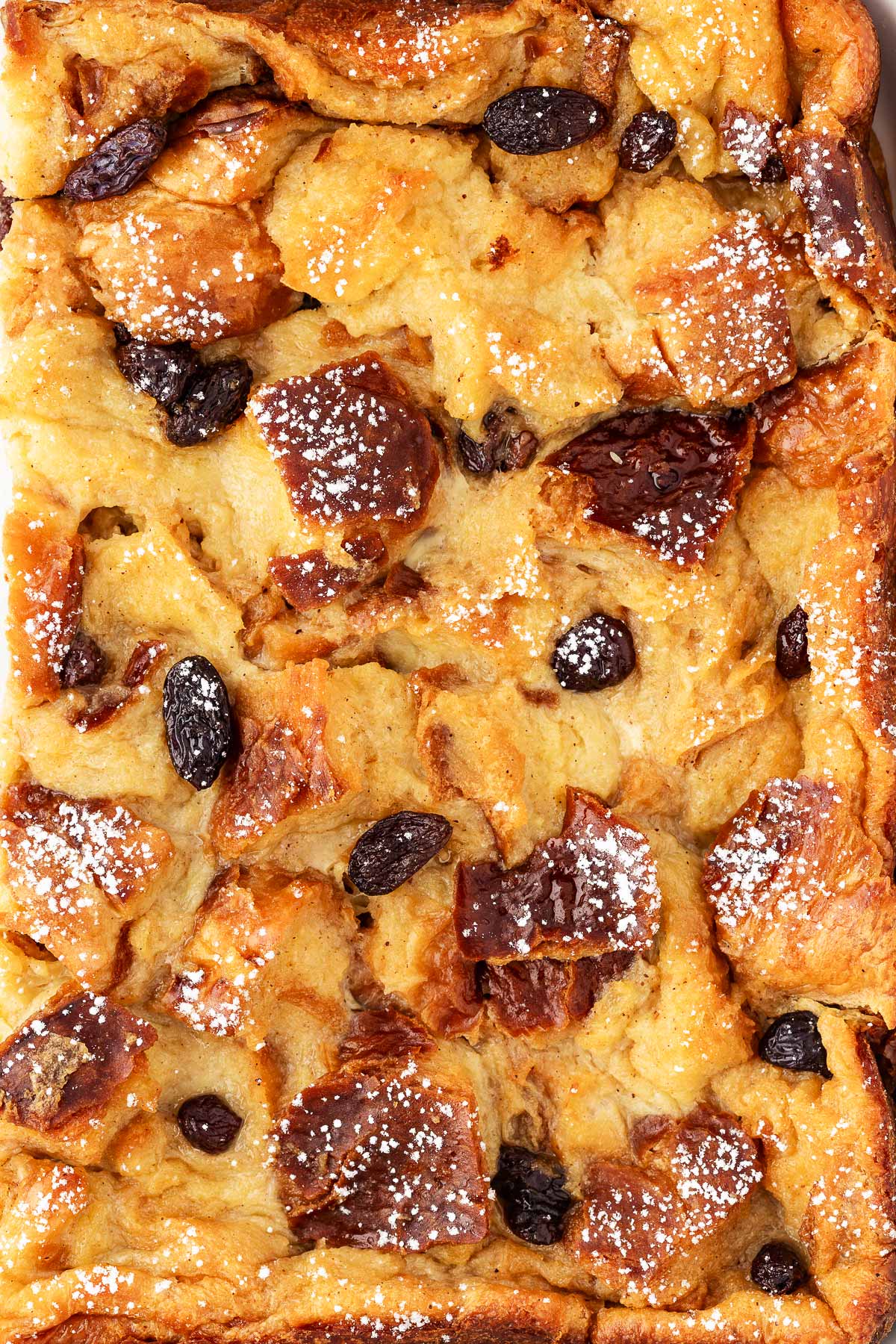 overhead close up view of bread pudding