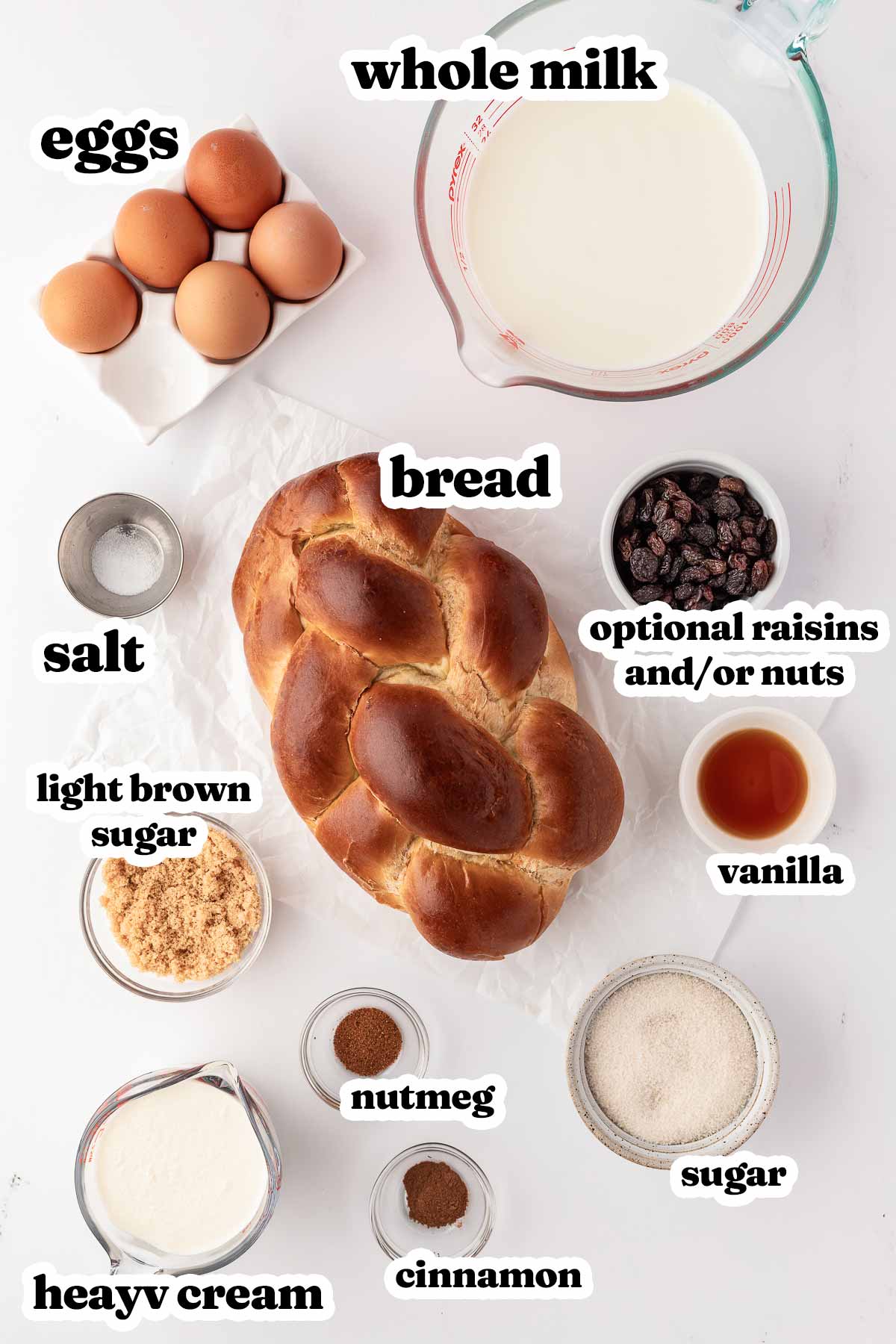 overhead view of ingredients to make bread pudding with text labels