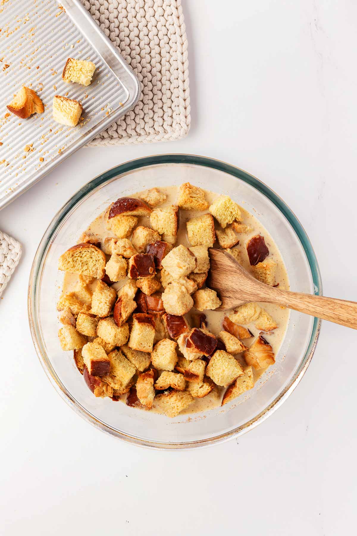 overhead view of bread pudding mix in bowl