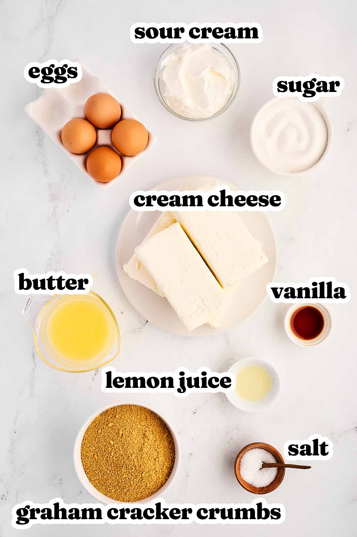 overhead view of ingredients for classic cheesecake with text labels