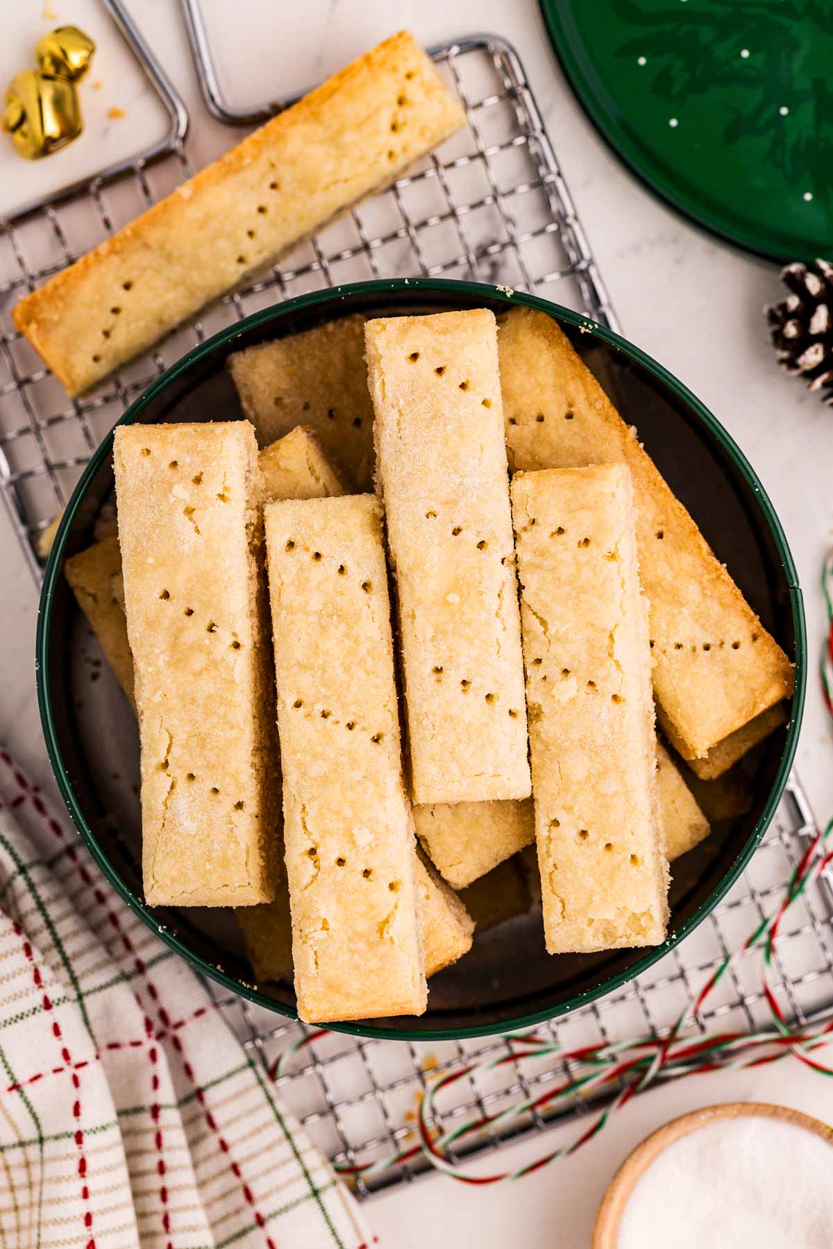 overhead view of shortbread fingers in cookie tin