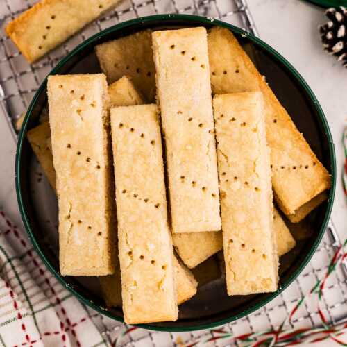 overhead view of shortbread fingers in cookie tin