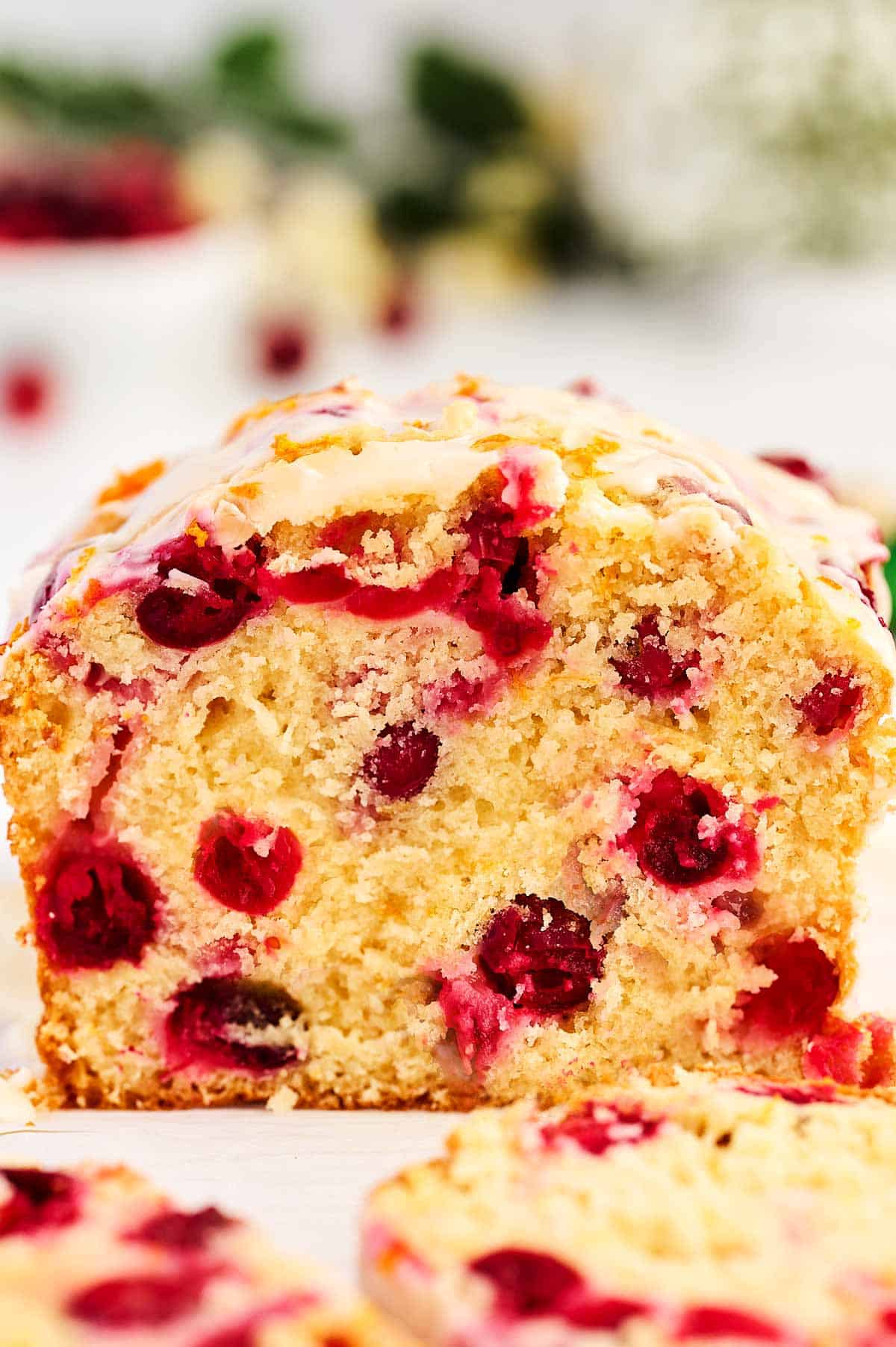 frontal view of sliced cranberry orange bread