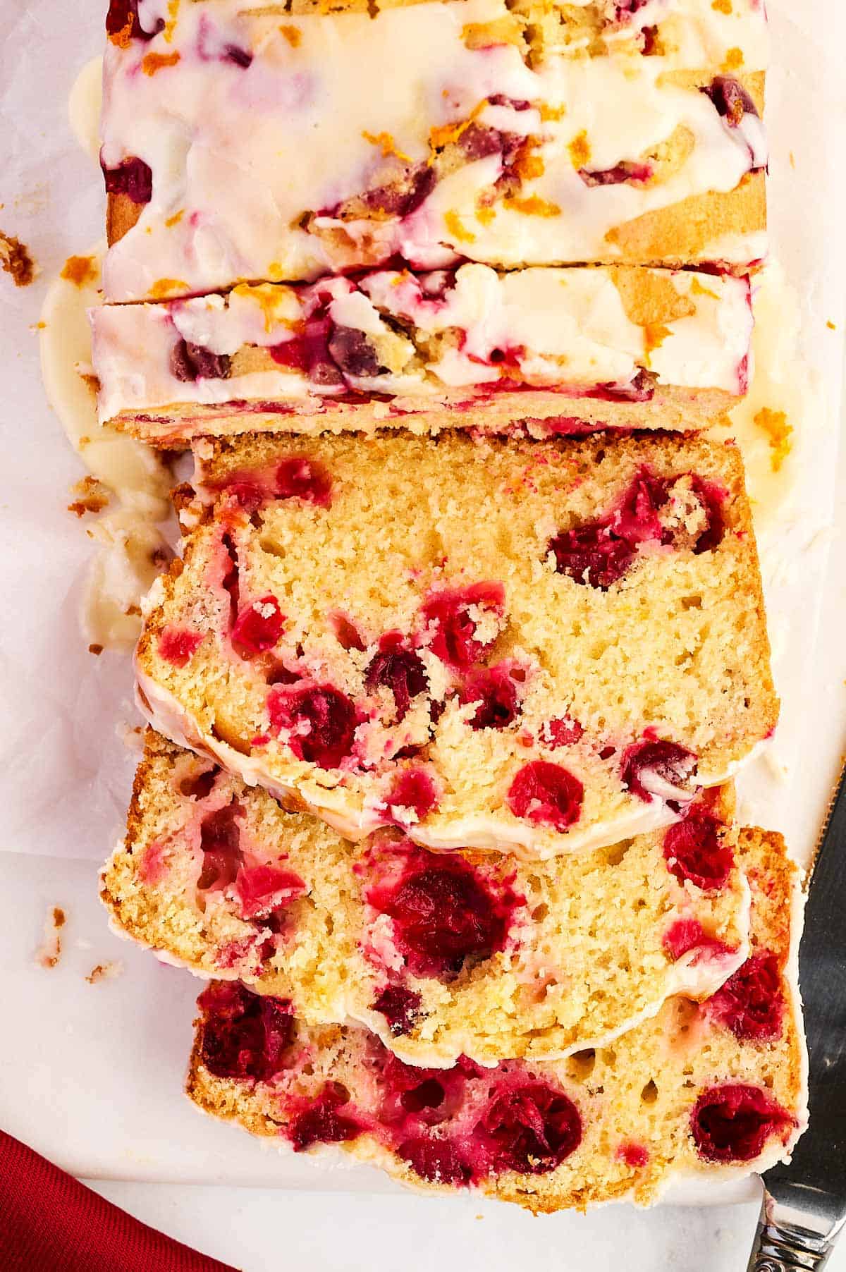 overhead view of sliced cranberry orange bread