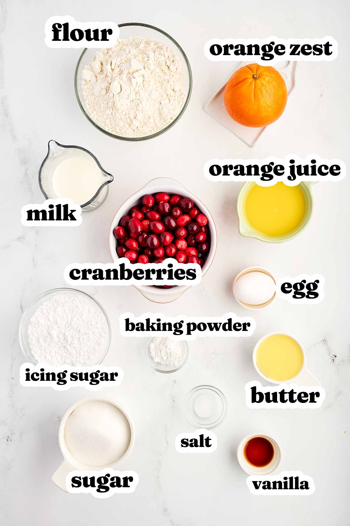 overhead view of ingredients to make cranberry orange bread with text labels