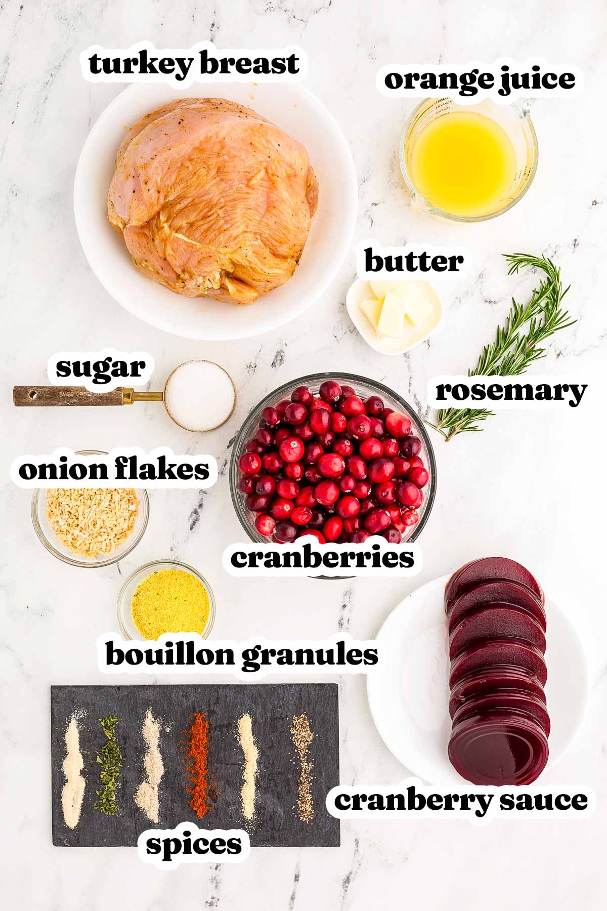 overhead view of ingredients for slow cooker cranberry turkey breast with text labels