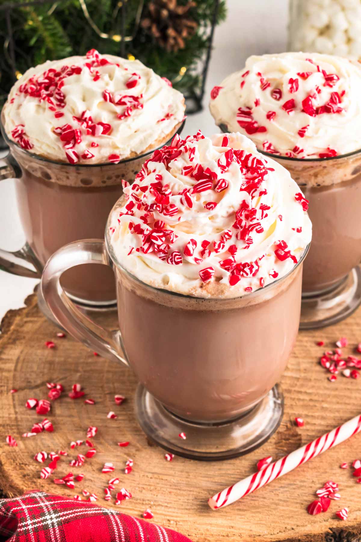 frontal view of mugs with hot chocolate topped with candy canes