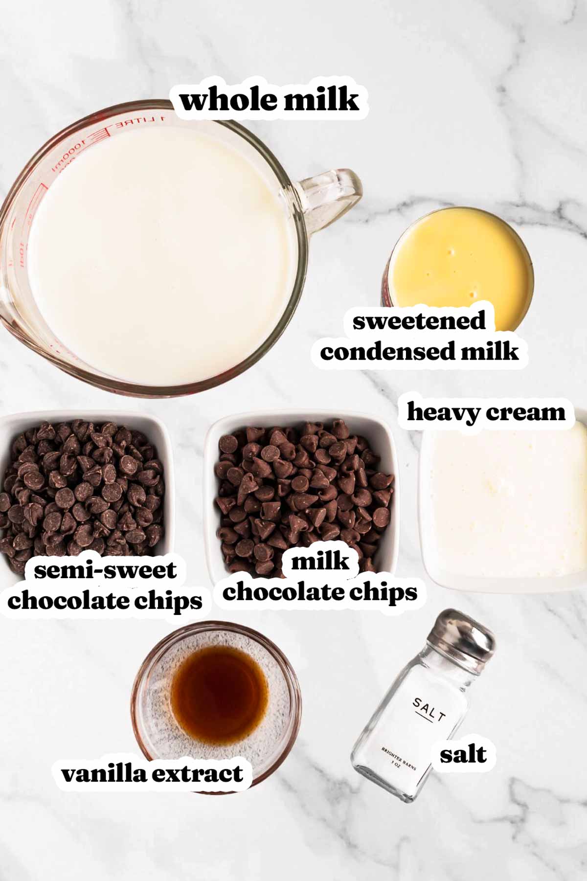 overhead view of ingredients to make crockpot hot chocolate with text labels