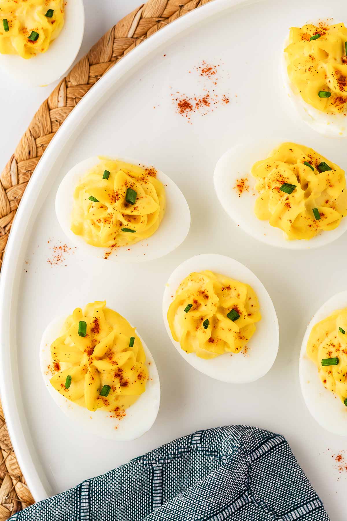 overhead view of deviled eggs on white plate