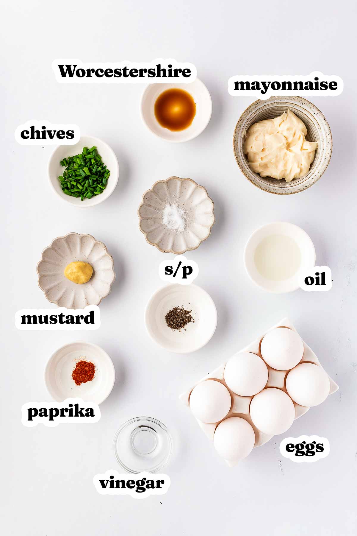 overhead view of ingredients to make deviled eggs with text labels