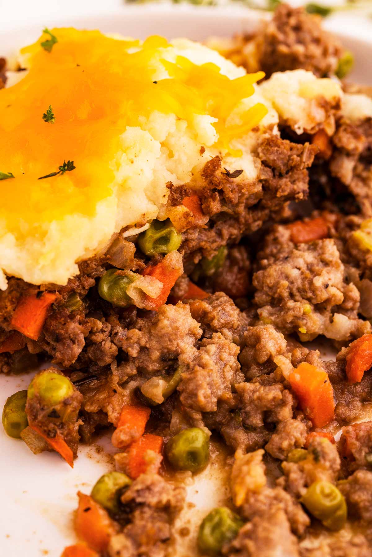 close up view of shepherds pie on white plate