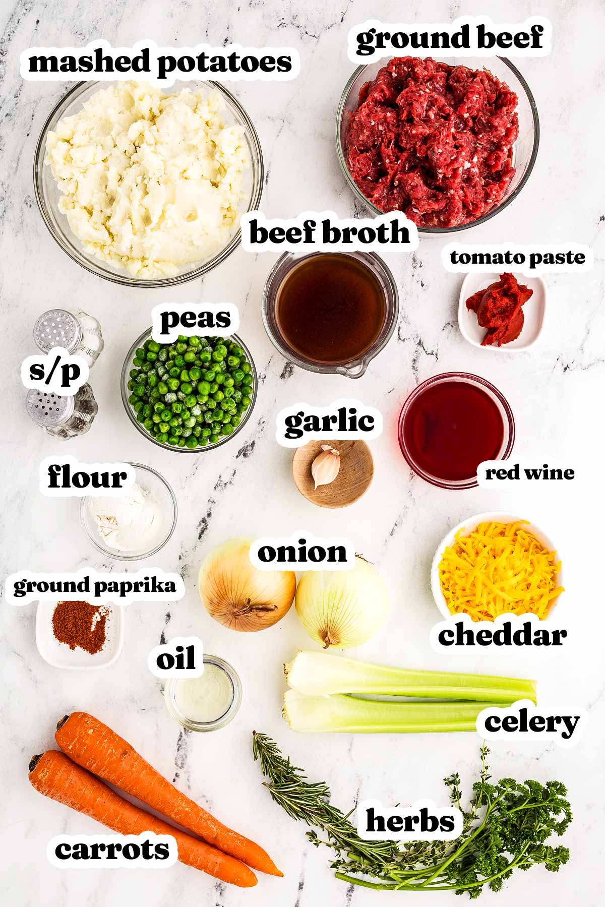 overhead view of ingredients to make shepherd's pie with text labels