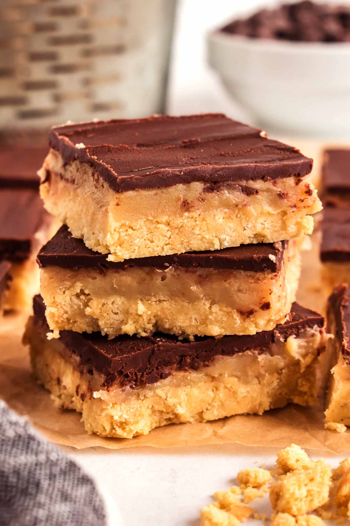 frontal view of stacked millionaires shortbread bars