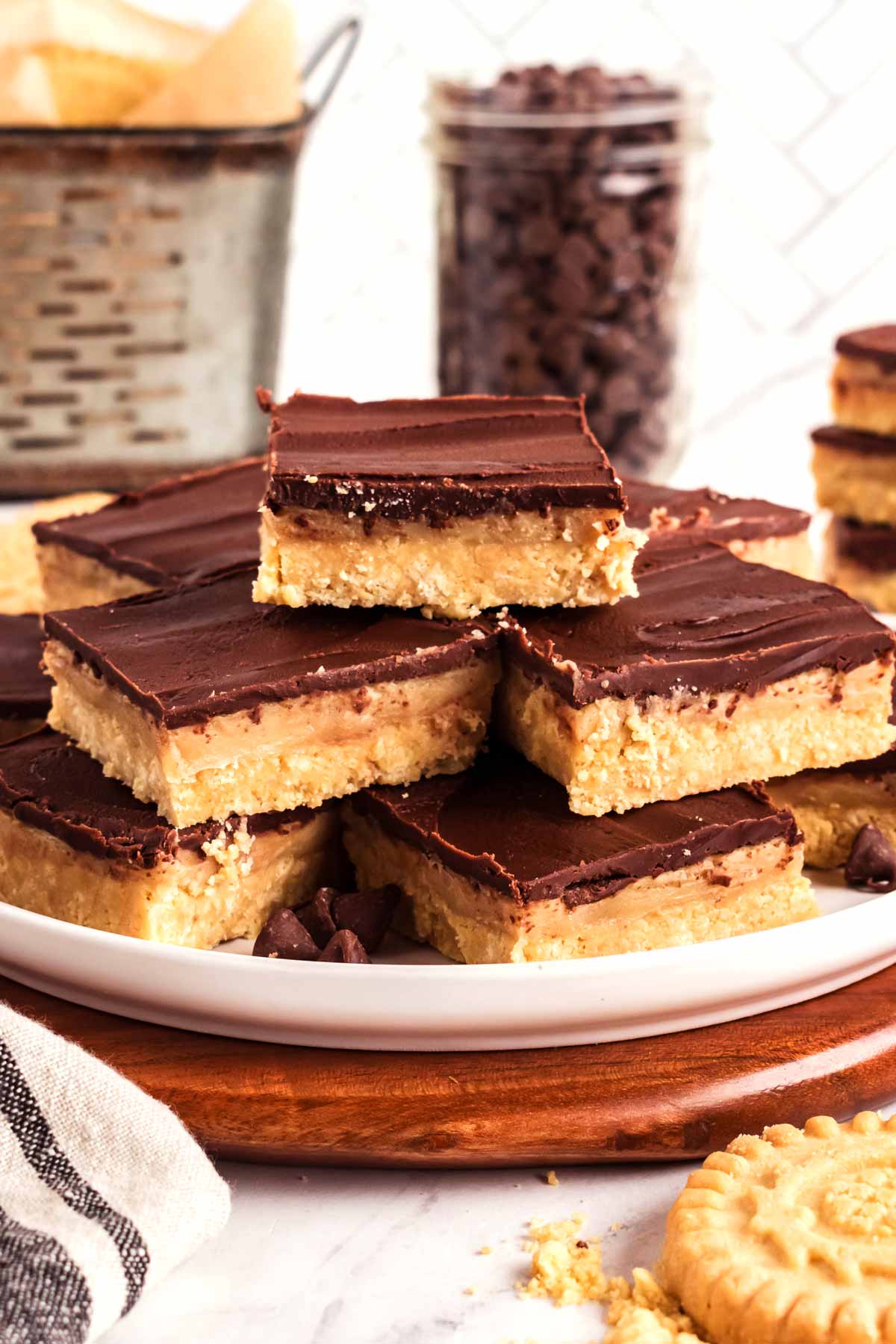 frontal view of millionaire's shortbread bars stacked on a plate