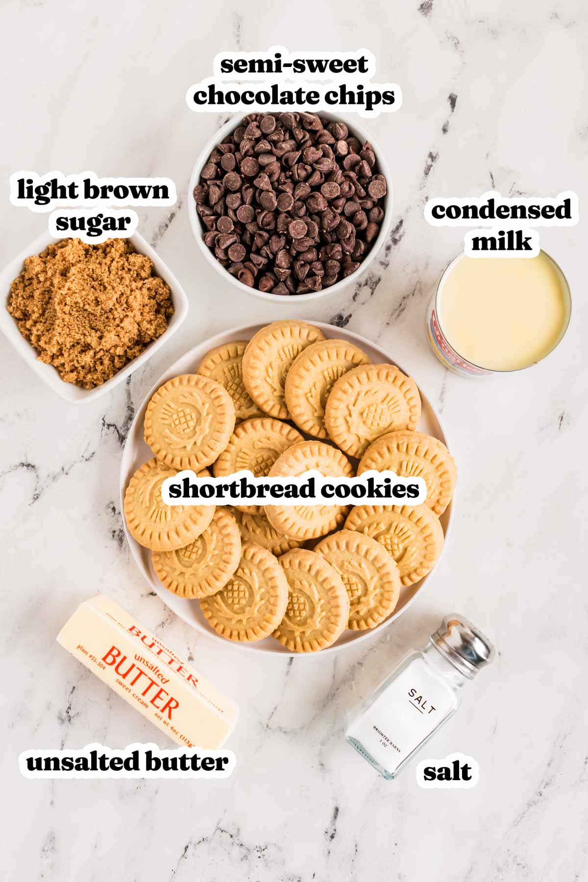 overhead view of ingredients to make millionaires shortbread bars with text labels