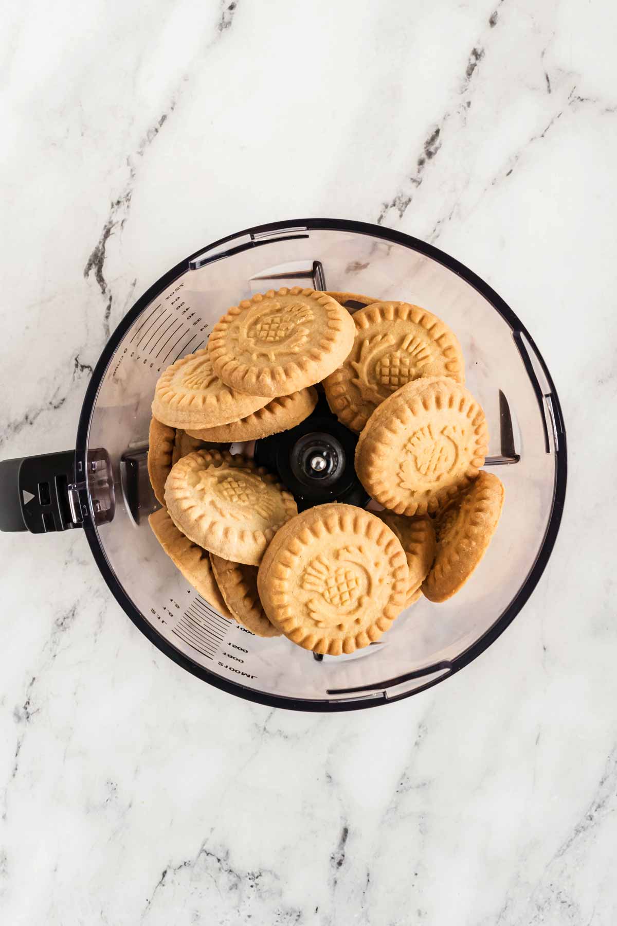 overhead view of shortbread cookies in food processor bowl