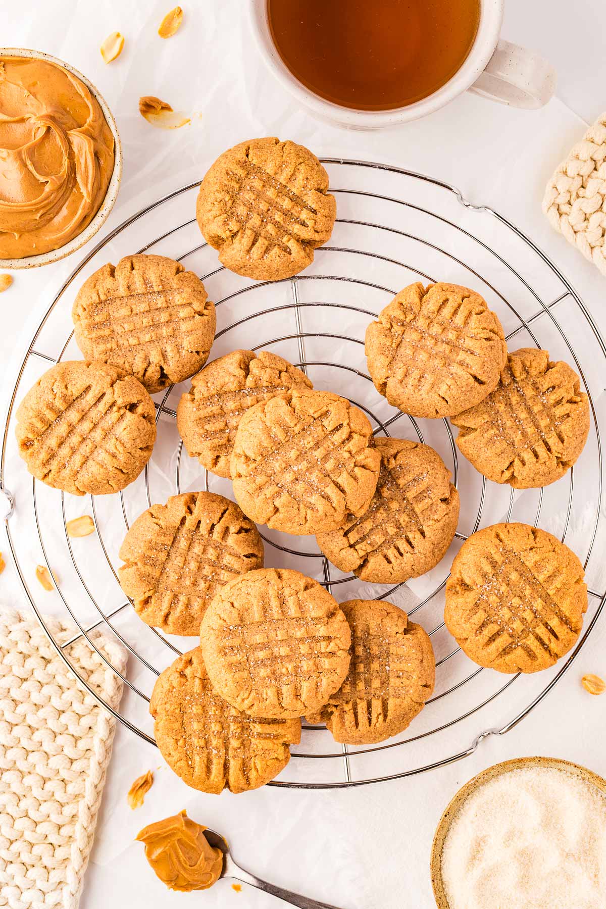 overhead view of peanut butter cookies on wire rack