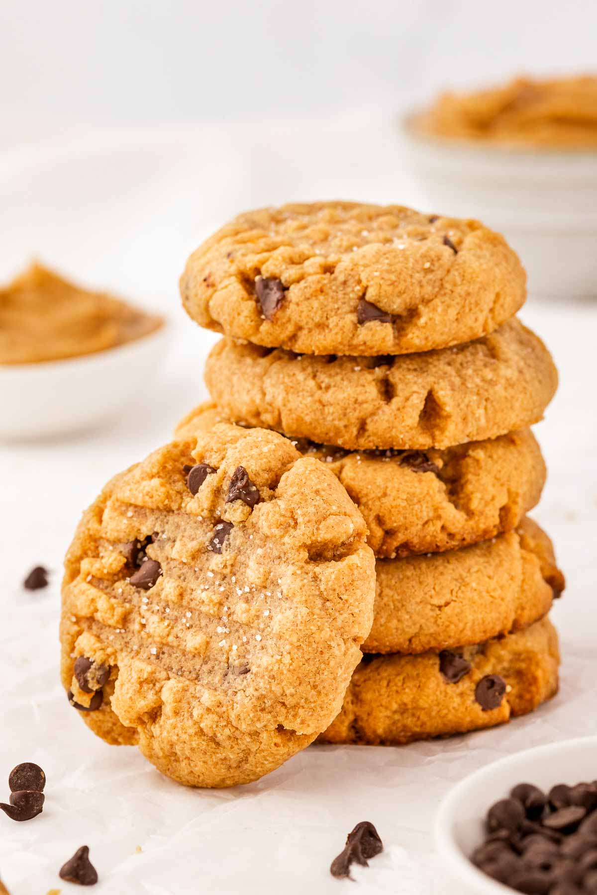 frontal view of stacked peanut butter cookies with chocolate chips