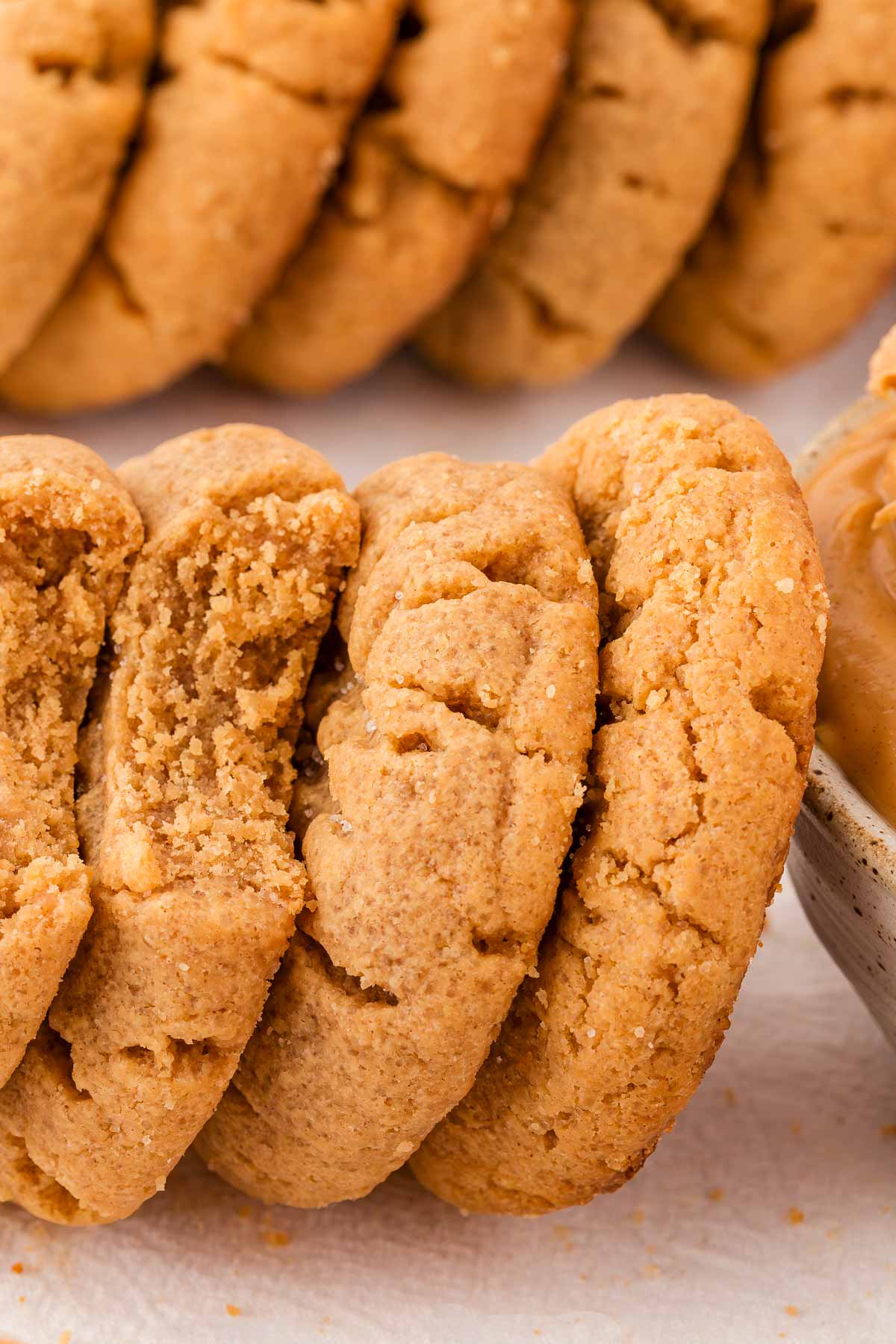 frontal view of stacked peanut butter cookies