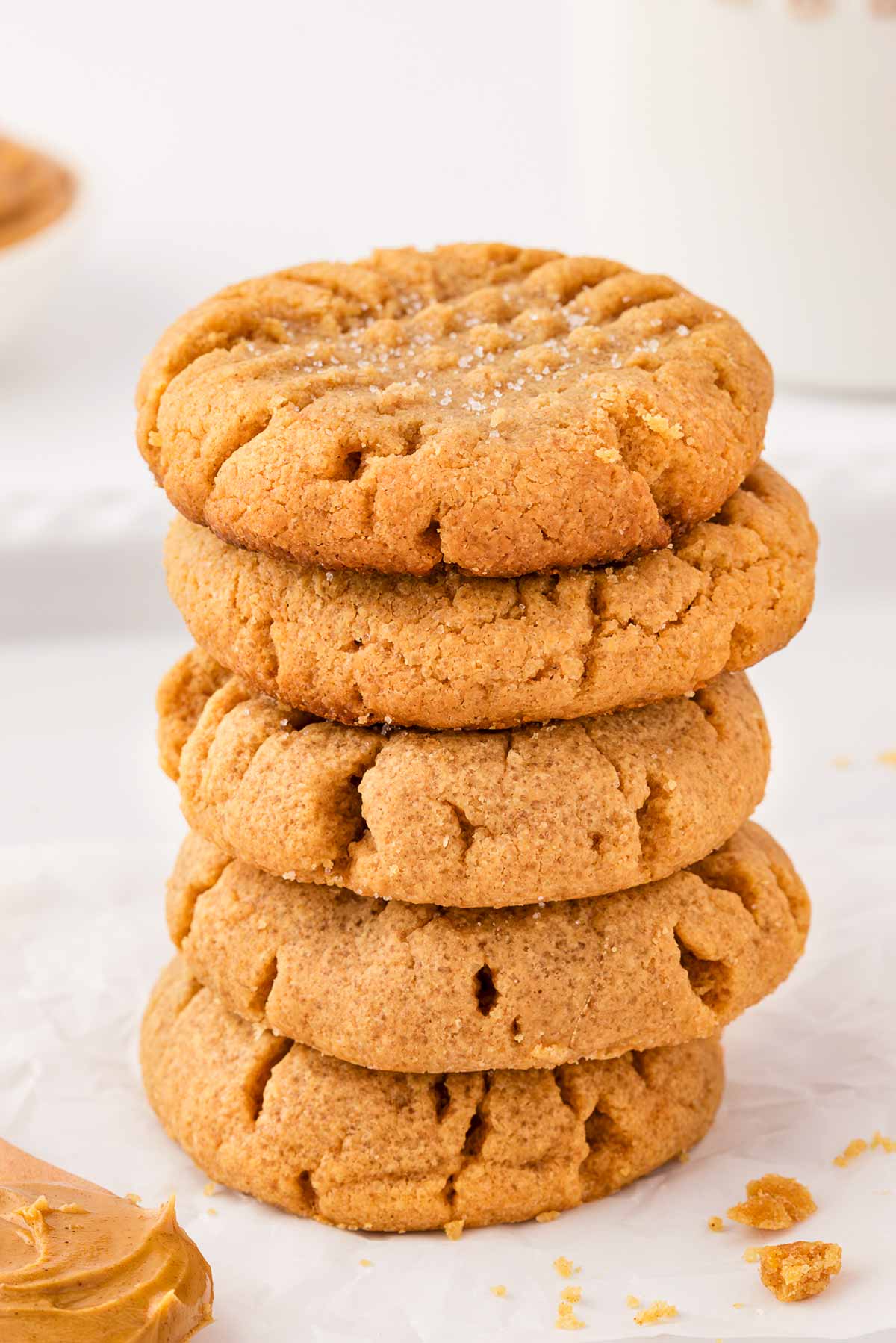 frontal view of stacked peanut butter cookies