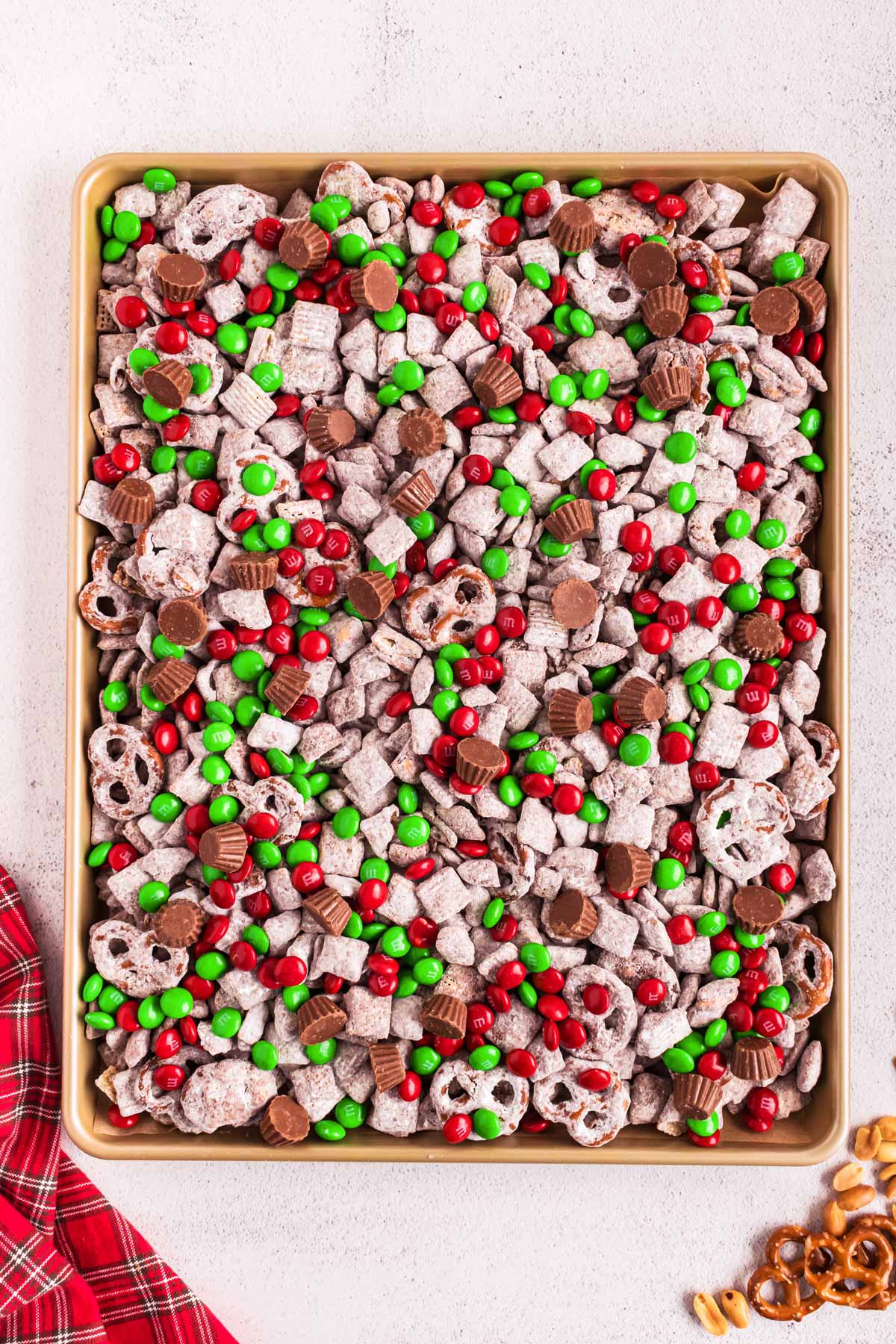 overhead view of reindeer chow on sheet pan