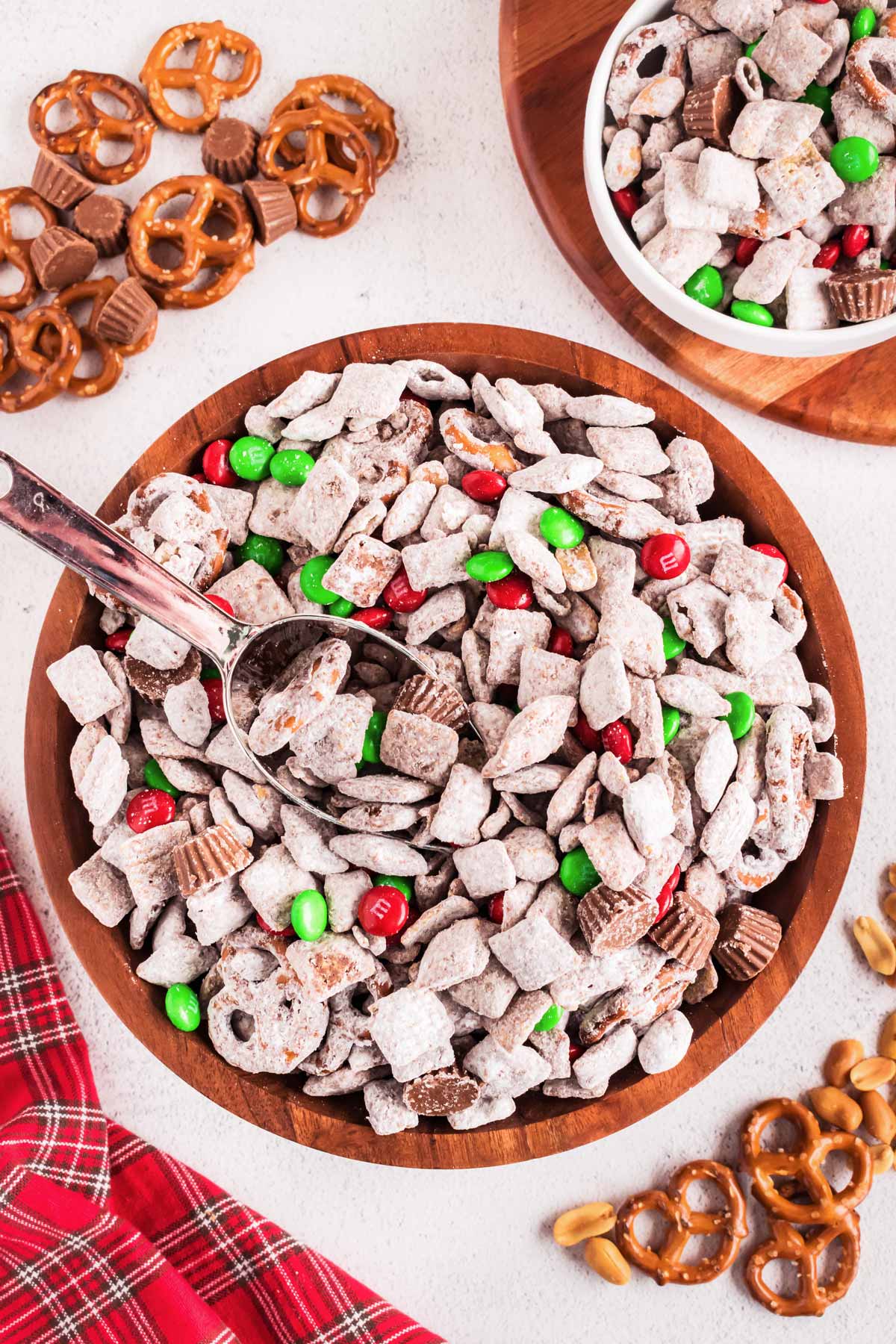 overhead view of reindeer chow in bowl with spoon