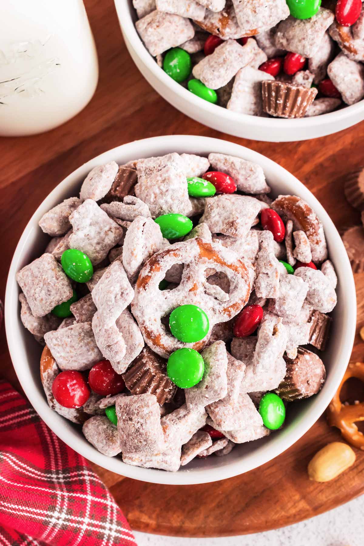 overhead close up view of bowl filled with reindeer chow